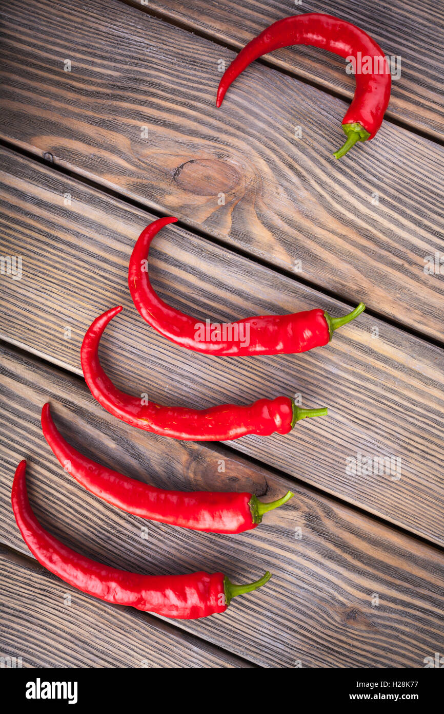 Red hot chili peppers on wood background Stock Photo - Alamy