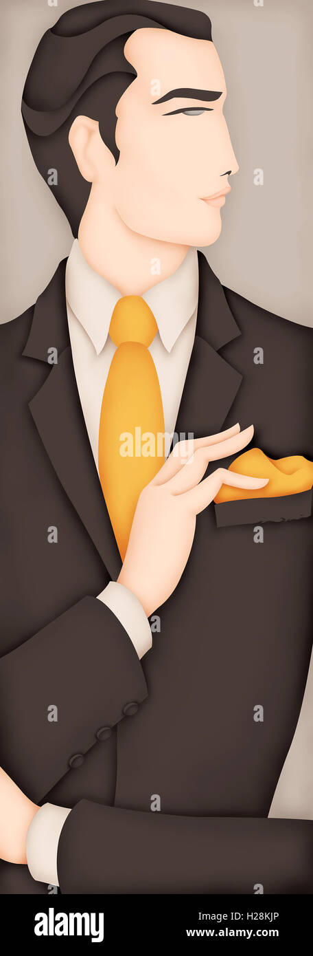 Man in full suit with yellow tie and napkin, looking away Stock Photo