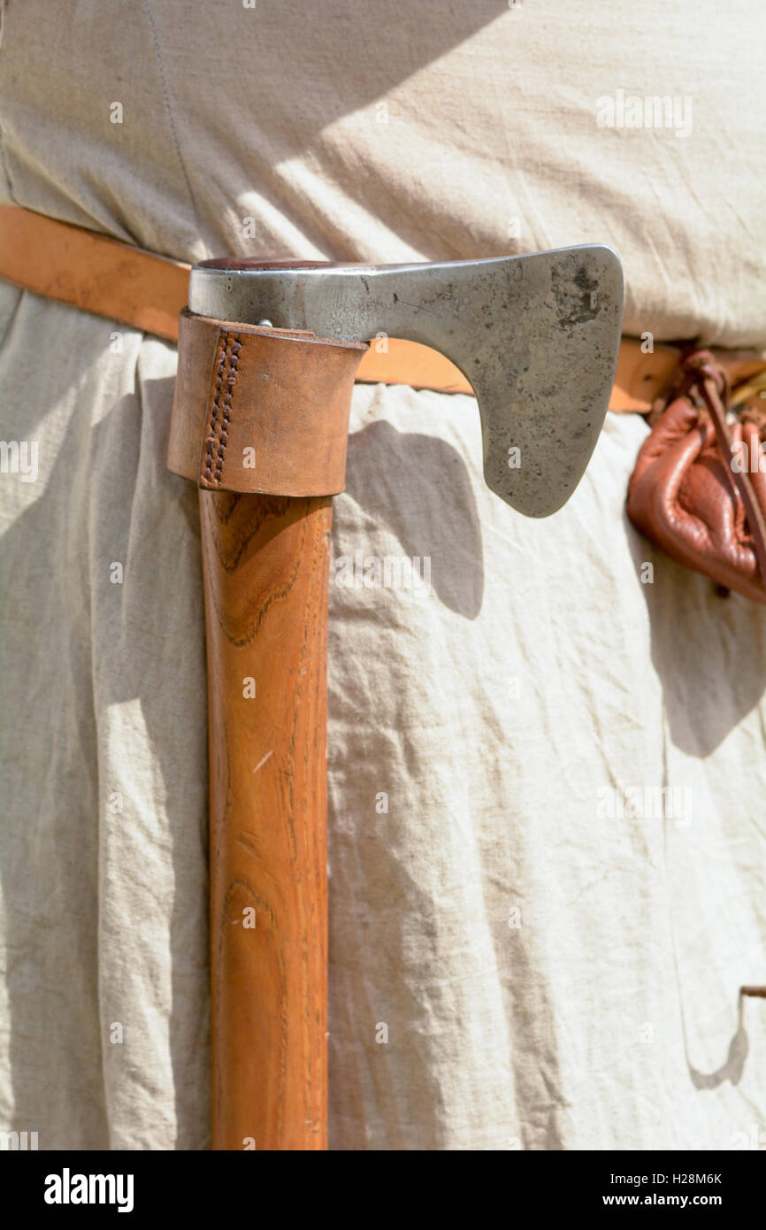 Historical Reenactment group showing life 12th Century knights axe in