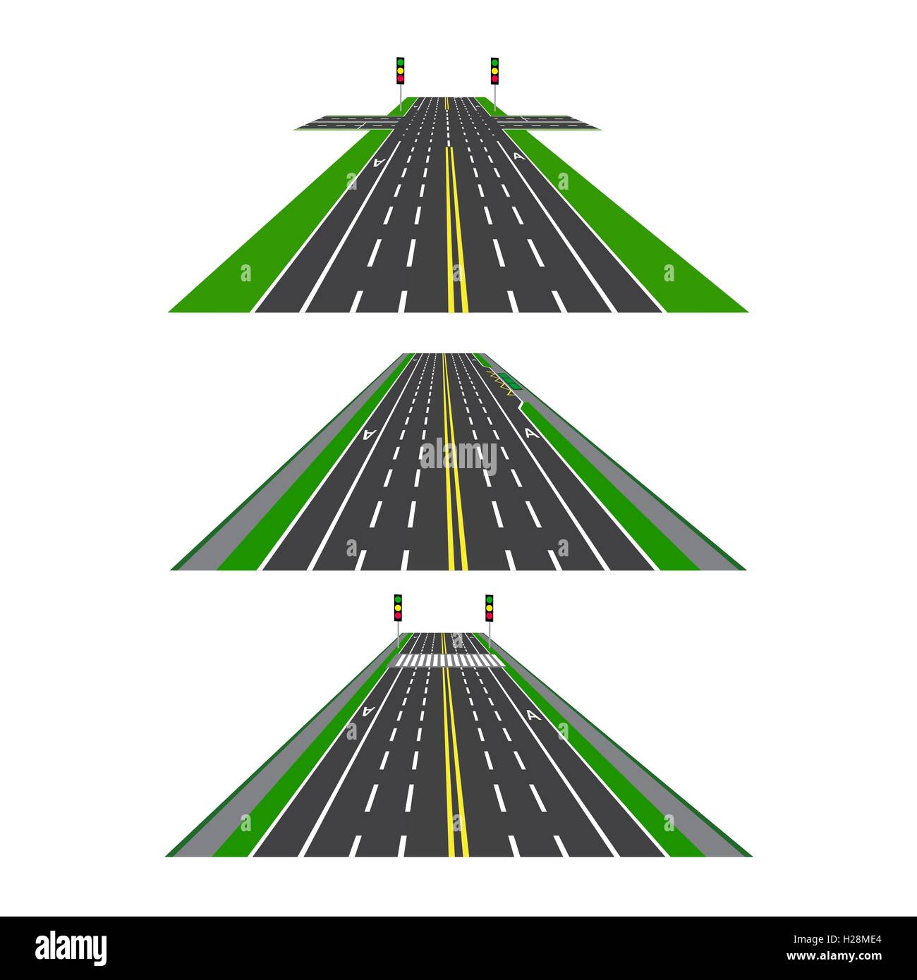 Set of different sections of the road with intersections, bike lanes, sidewalks and intersections. Perspective image. illustration Stock Vector