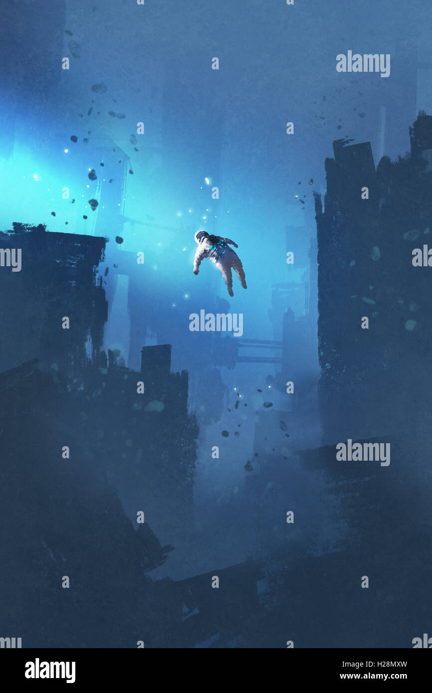 astronaut floating in abandoned city,mysterious space,illustration painting Stock Photo