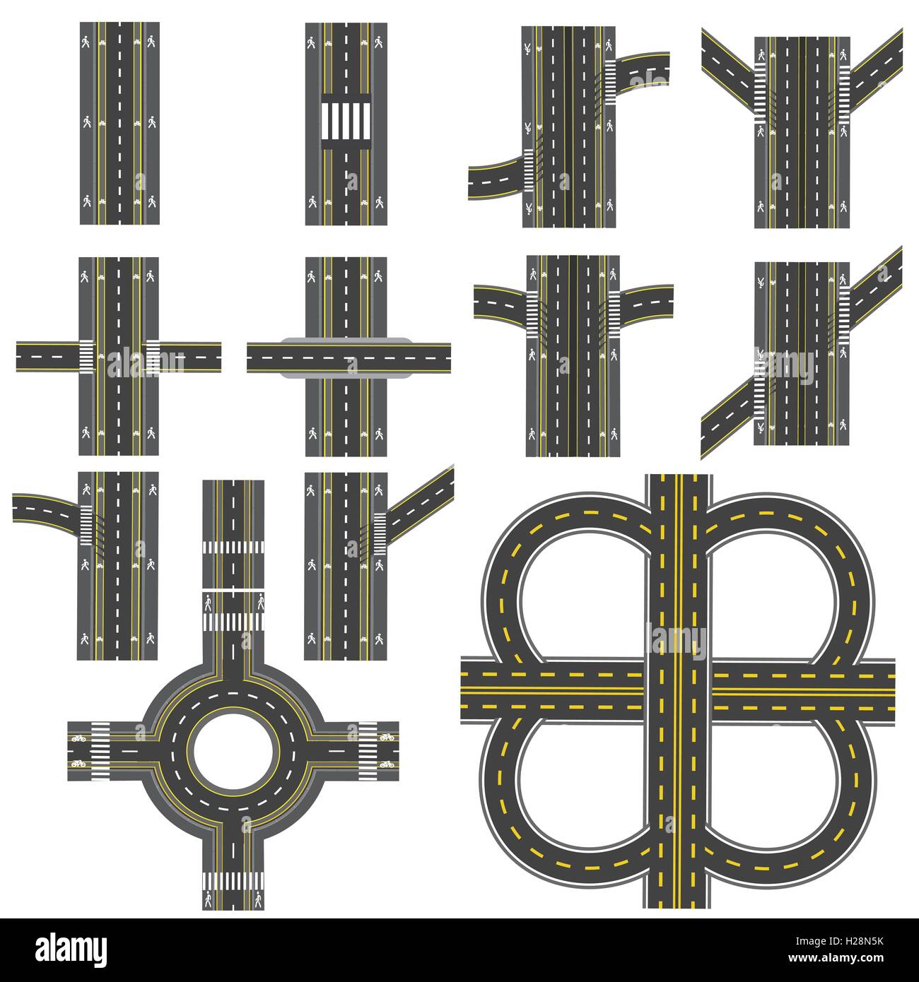 Set of different road sections with a circular dvizheniemi isolation. Transitions, turns and various intersections. series depicts the sidewalks, marked bicycle lanes. View from above. illustration Stock Vector