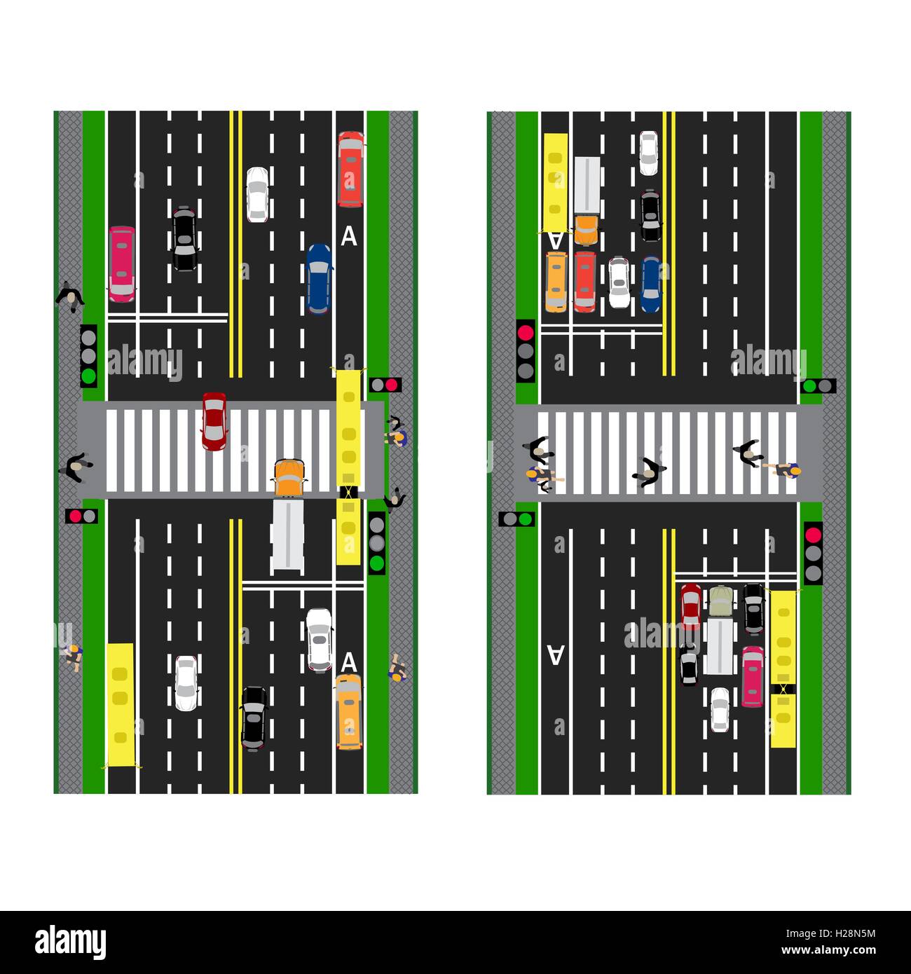 Highway Planning. roads, streets and traffic lights with the transition. Image sidewalks, transition lanes for public transport. View from above. illustration Stock Vector