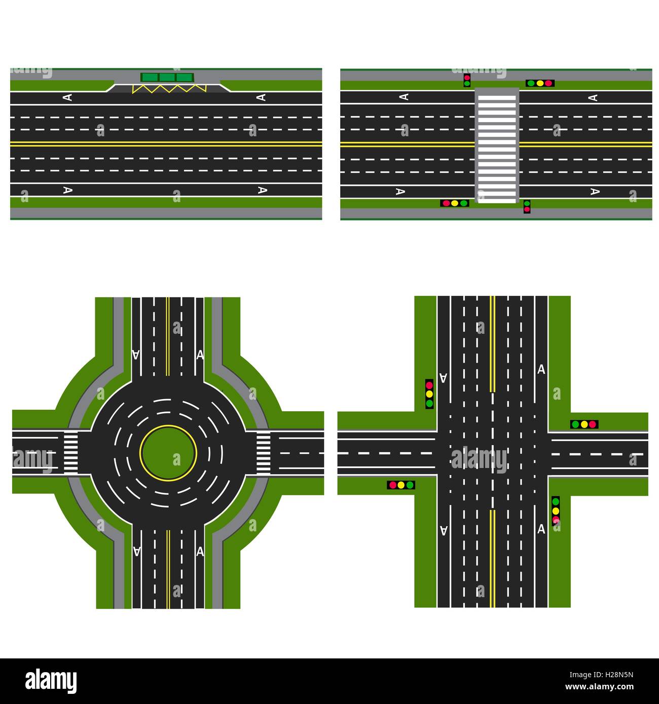 Set of different sections of the highway with a circular dvizheniemi, isolated. Image sidewalks, transition lanes for public transport. View from above. illustration Stock Vector