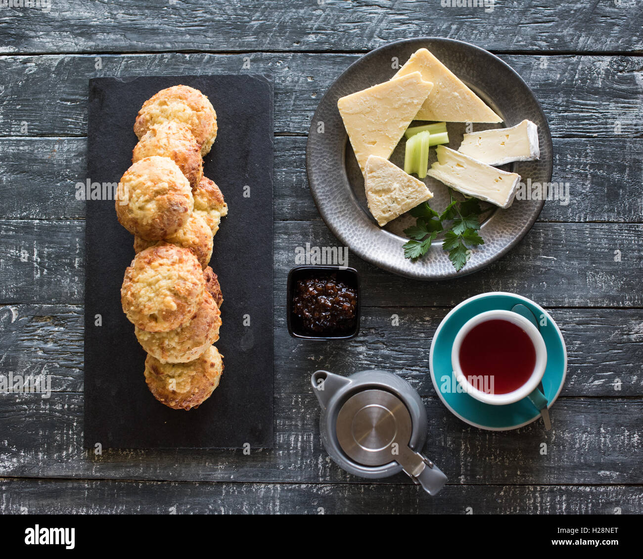 Cheese and chutney with scones and tea Stock Photo