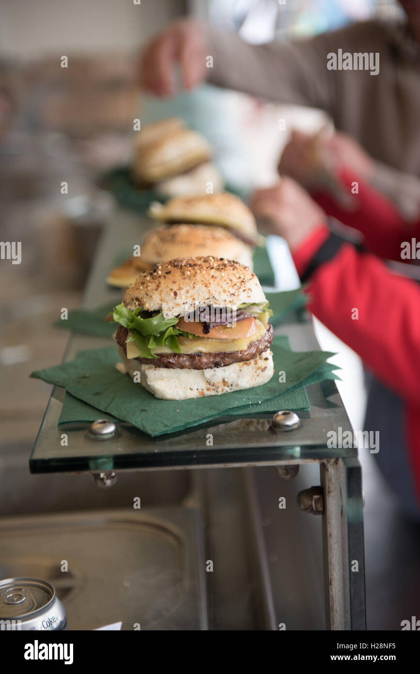 Hamburgers at a takeaway stall Stock Photo
