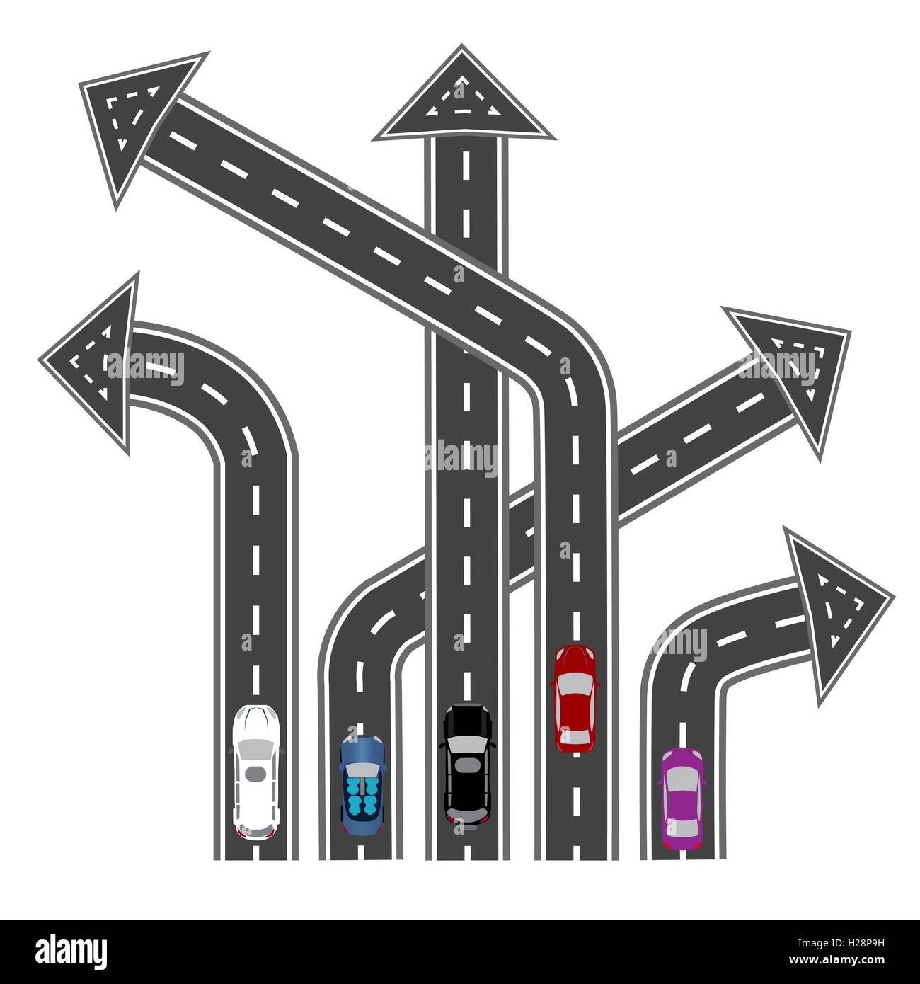 The roads in different directions. Destinations in the form of arrows