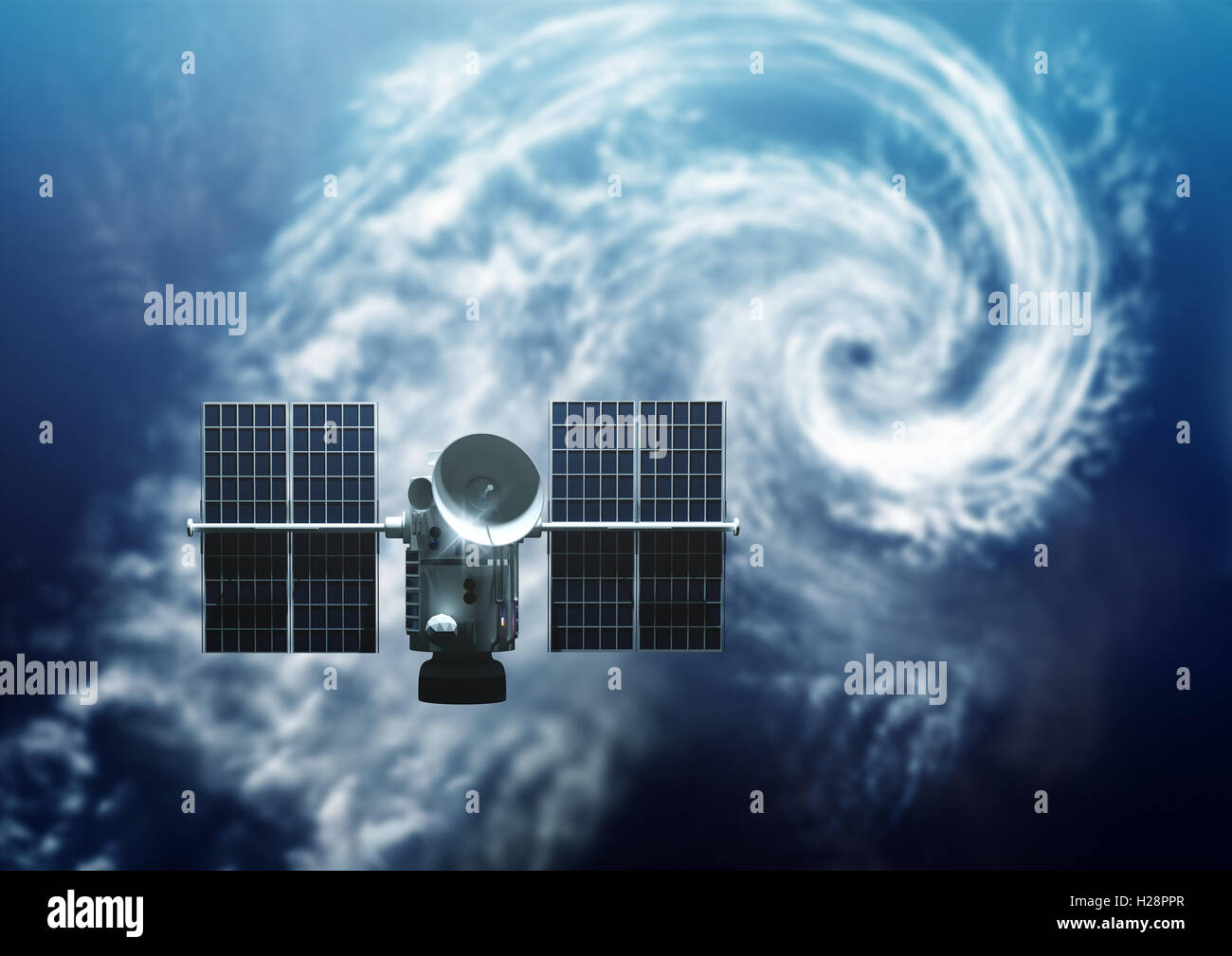 Weather Satellite orbiting Earth. Below A tropical Storm Hurricane is forming  - 3D Illustration. Stock Photo