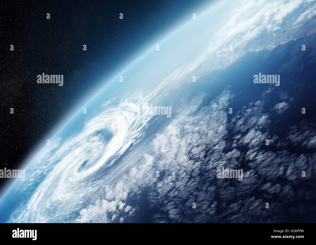 Planet Earth from space close up with Cloud formations. Illustration -  NO NASA images used. Stock Photo