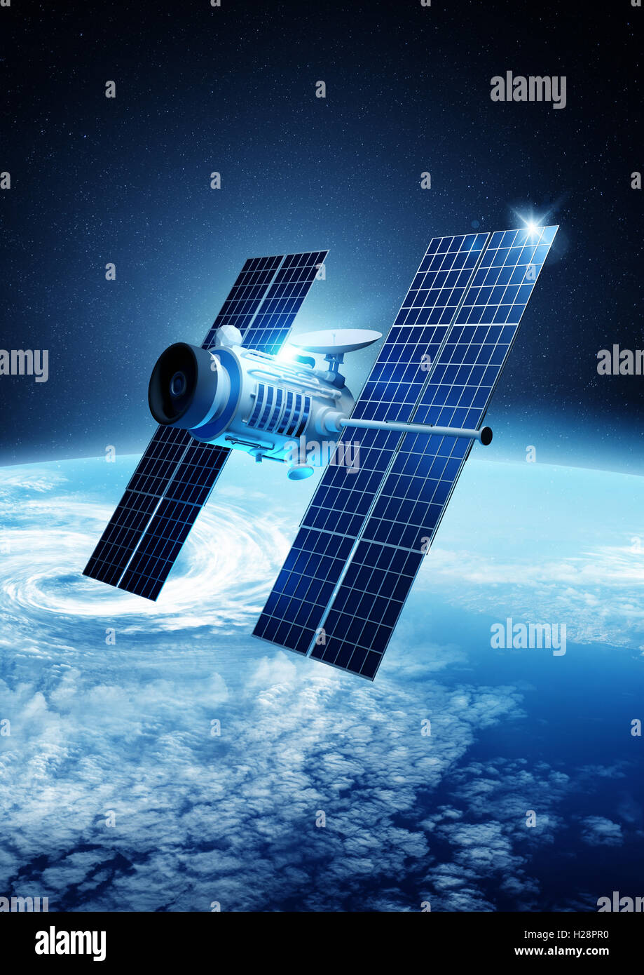 A modern satellite orbiting planet Earth. 3D illustration. Stock Photo
