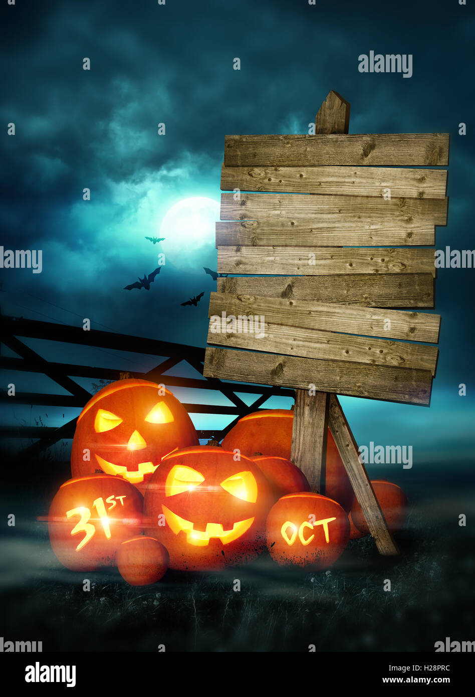 Happy Halloween background decorated with pumpkins and fairy lights! Illustration. Stock Photo