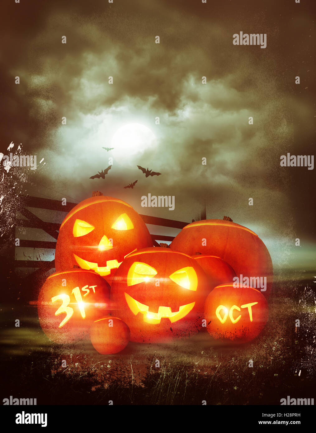 Vintage Happy Halloween background decorated with pumpkins! Illustration. Stock Photo
