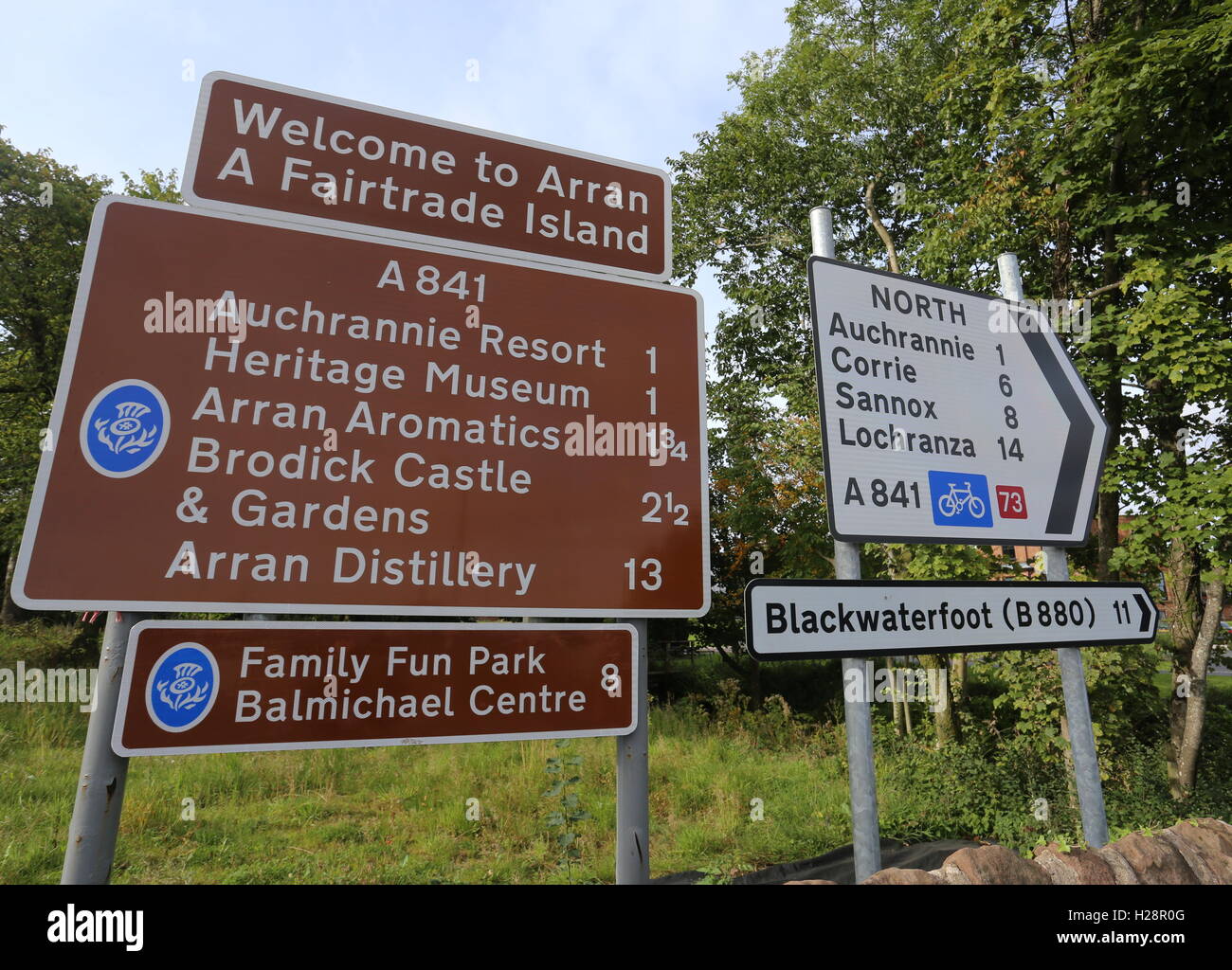 Road signs Brodick Isle of Arran Scotland September 2016 Stock Photo ...
