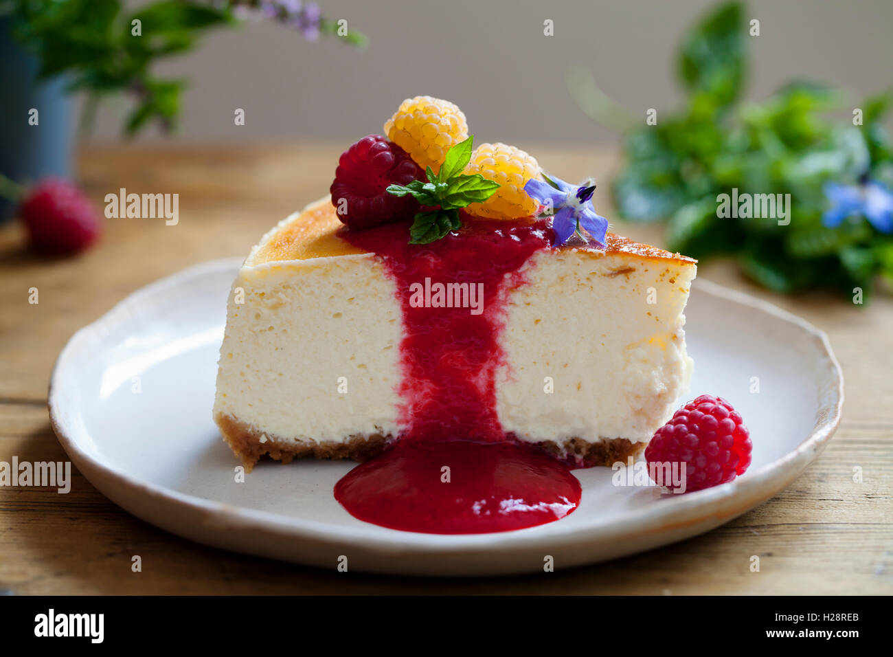 Vanilla cheesecake with raspberry coulis Stock Photo