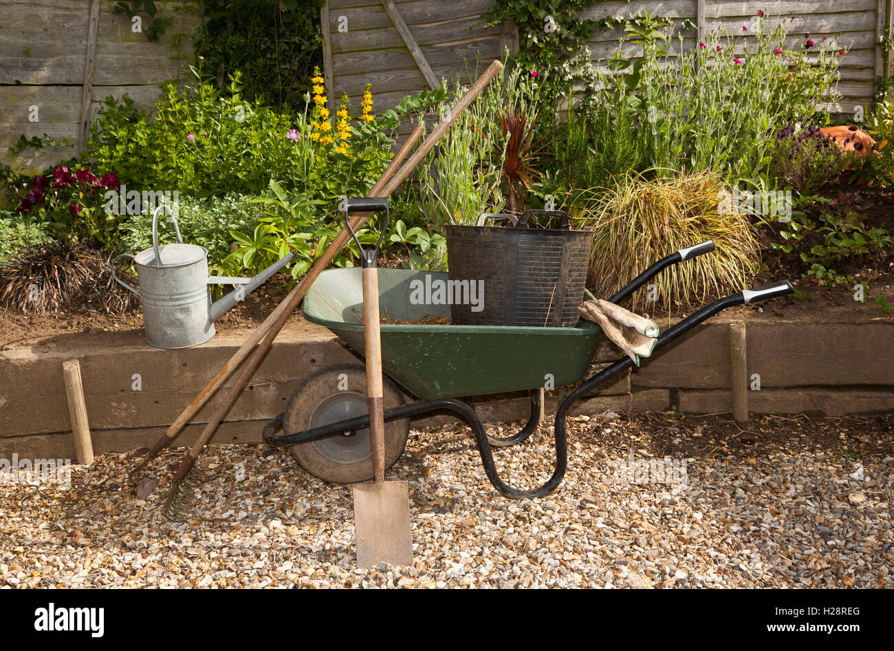 A wheelbarrow and garden tools and a small raised bed Stock Photo