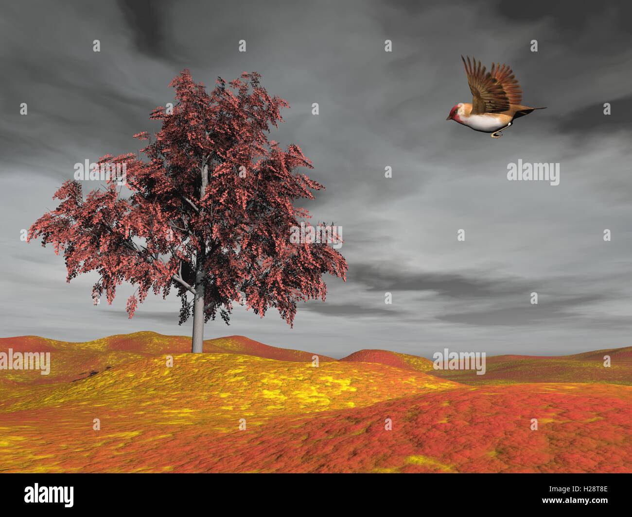 Bird flying to autumn tree - 3D render Stock Photo