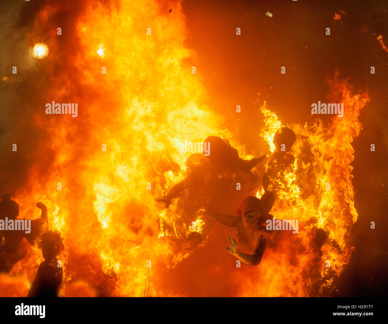 Crema in Fallas Valencia March 19 night all figures are burn Stock ...