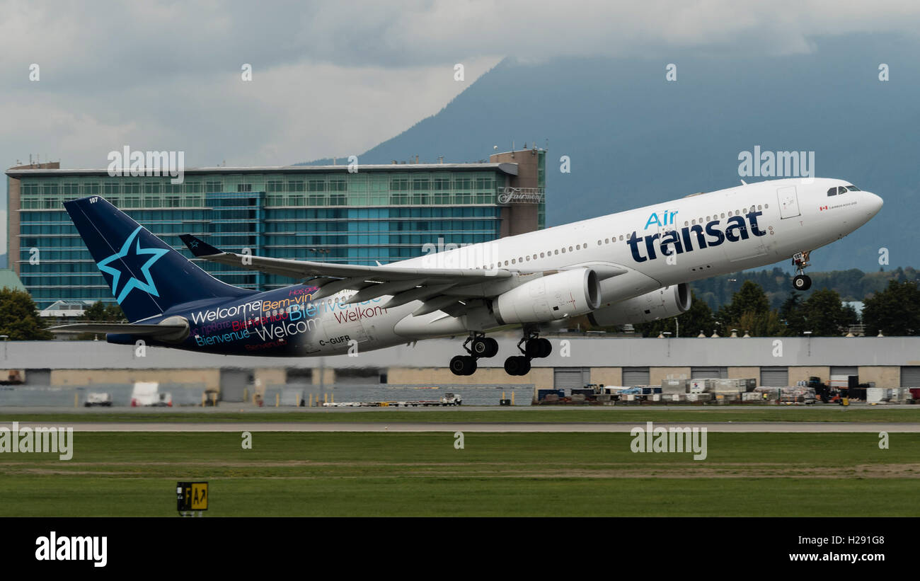 Air Transat Airbus A330-200 C-GUFR jetliner takes off from Vancouver International Airport, Canada Stock Photo