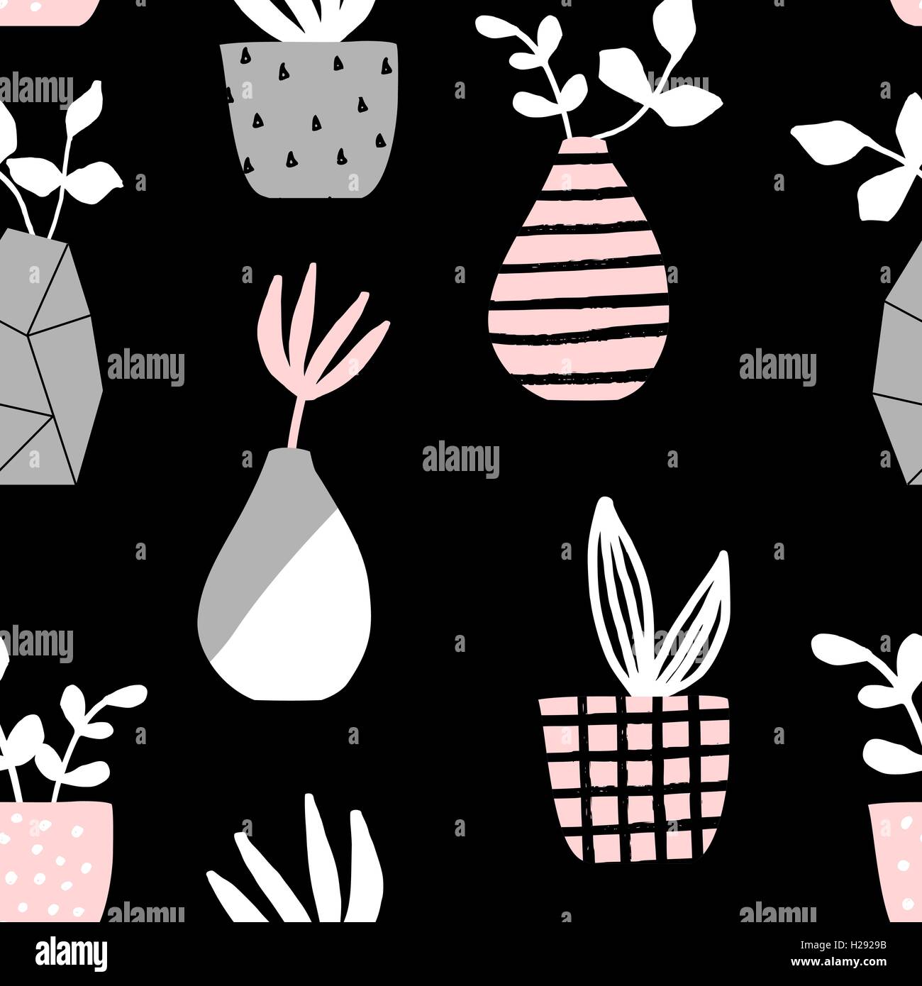 Seamless repeating pattern with vases and pots on black background ...
