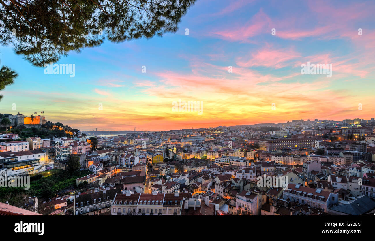 View across Lisbon, São Jorge Castle, sunset, Graça viewpoint, Lisbon, Portugal Stock Photo