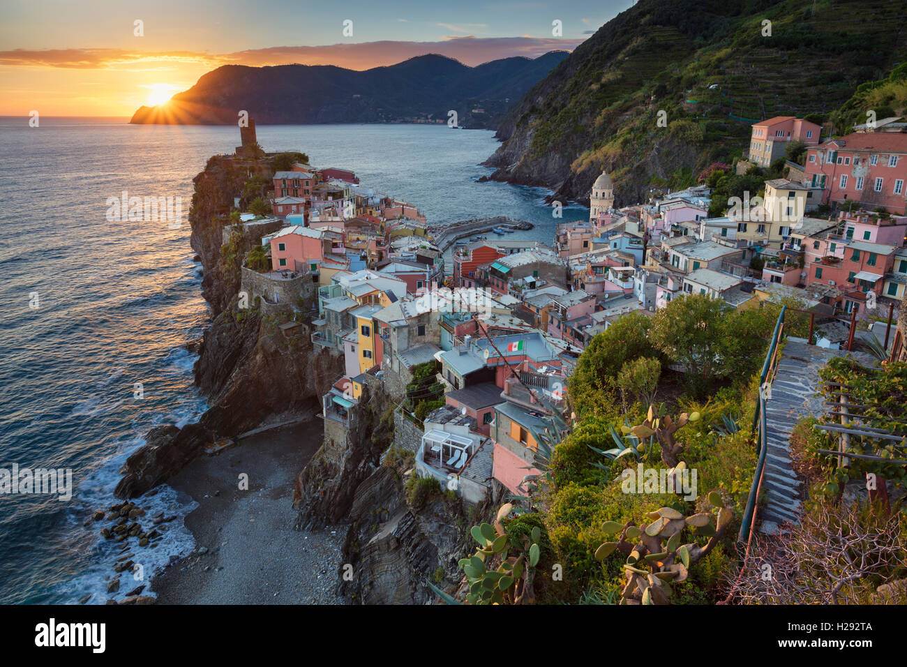 Vernazza. Image of Vernazza (Cinque Terre, Italy), during sunset. Stock Photo