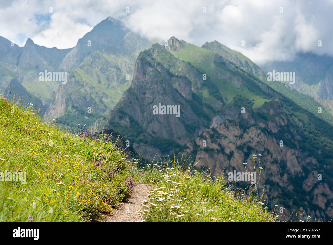 footpath on the hillside in the mountains without people Stock Photo