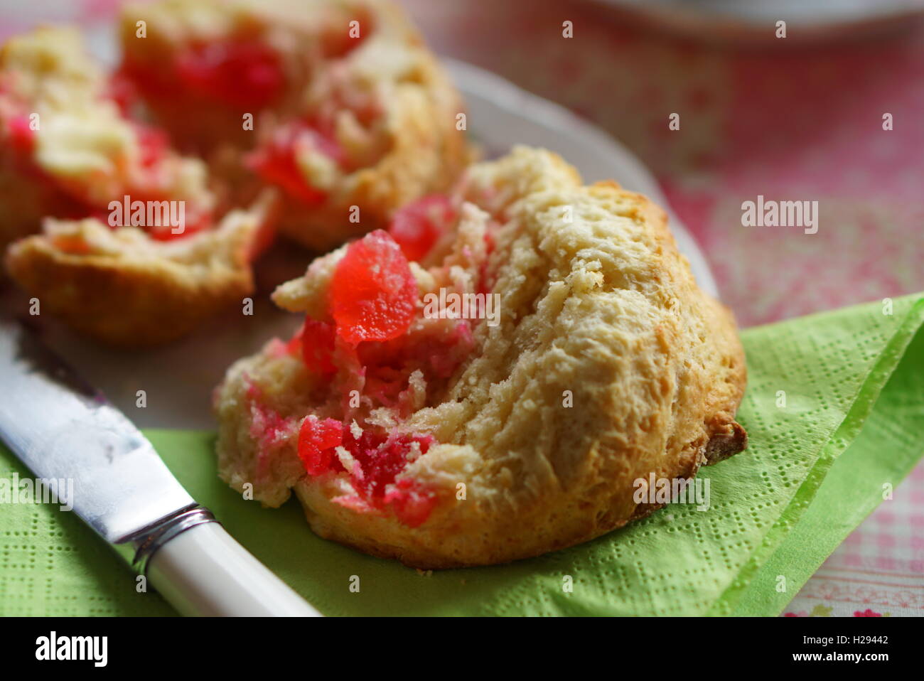 English afternoon tea with cherry scone. Stock Photo