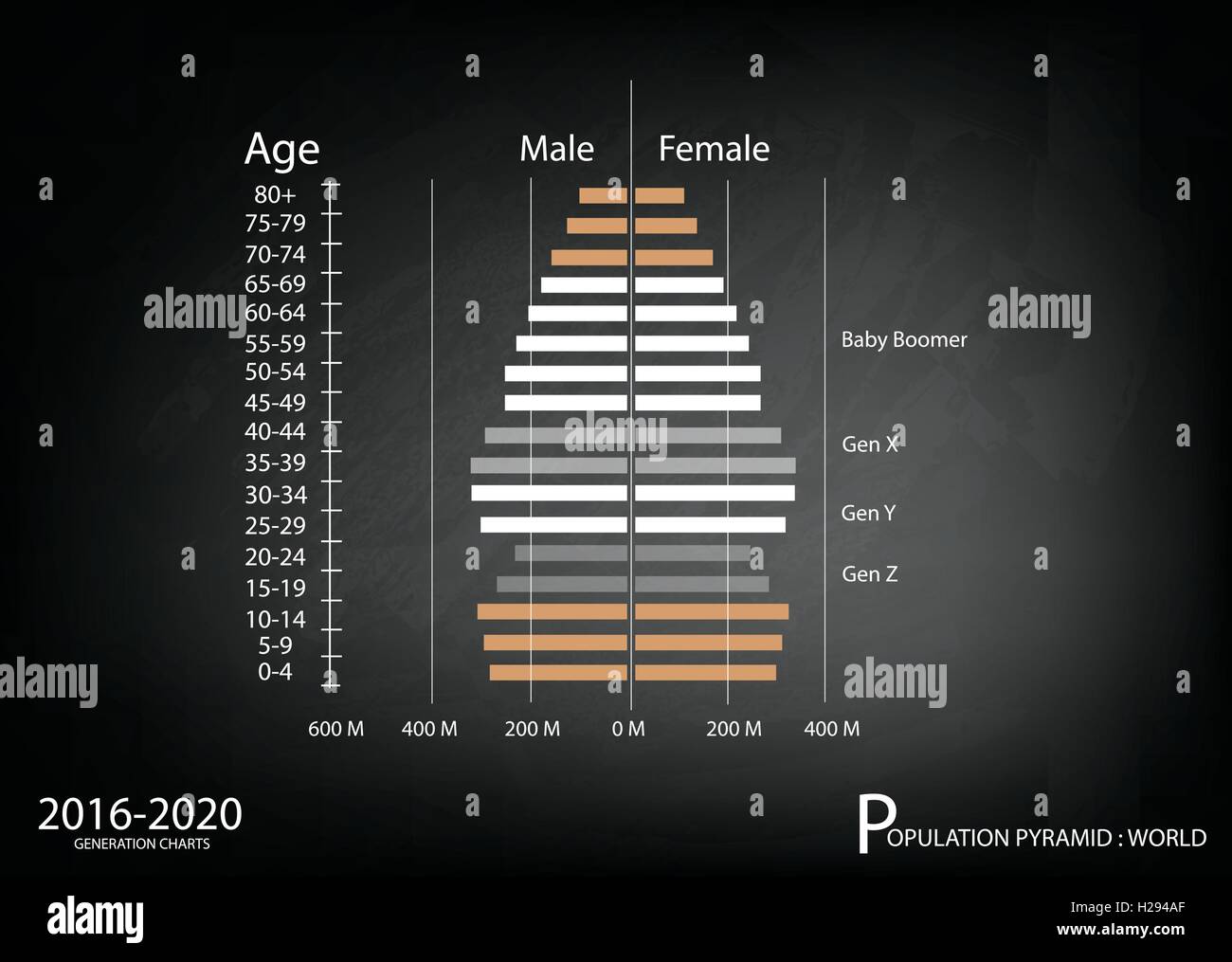 Population and Demography, Illustration of Population Pyramids Chart or Age Structure Graph with Baby Boomers Generation, Gen X, Stock Vector