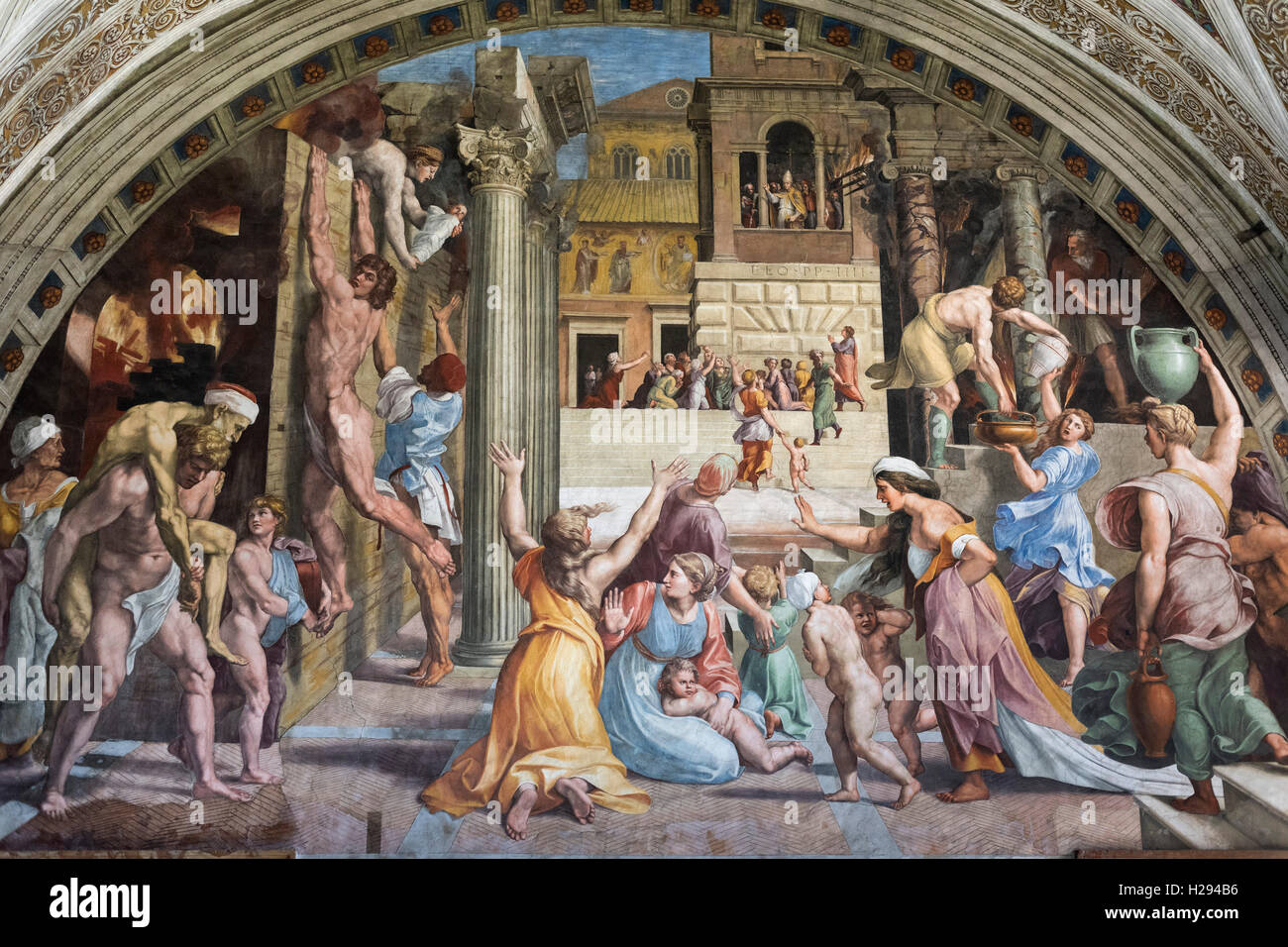 Rome. Italy. Fresco (1514-1517) The Fire in the Borgo, Hall of the Fire in the Borgo, Vatican Museums. Stock Photo