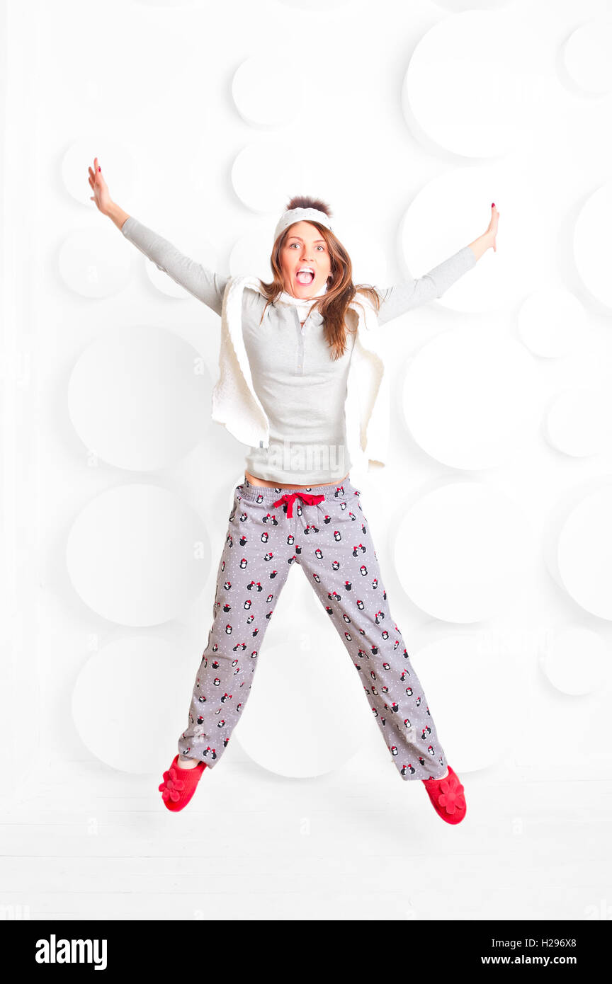 woman in pajamas and hat fooled Stock Photo Alamy