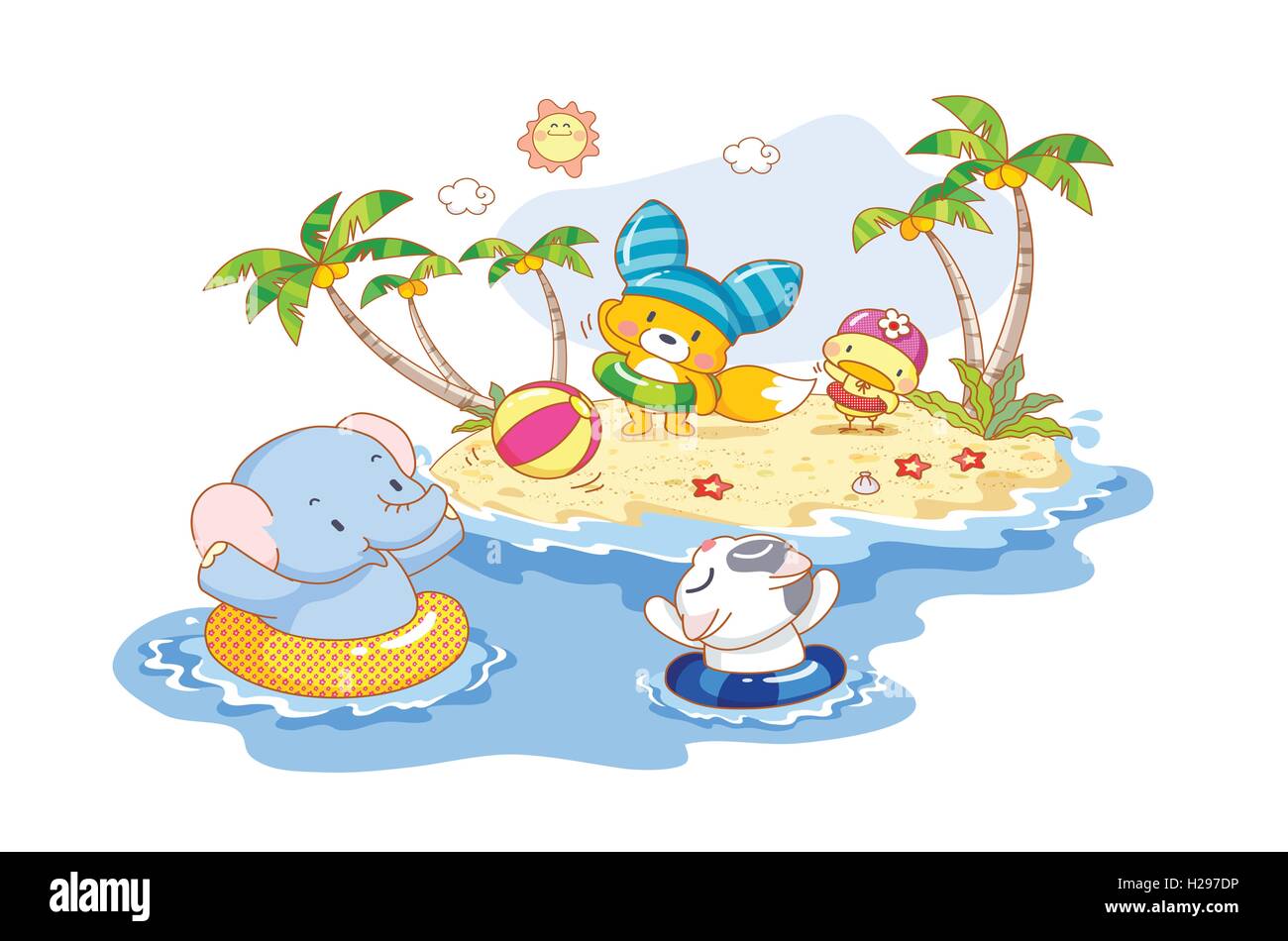 animals cartoon are playing on the beach Stock Photo