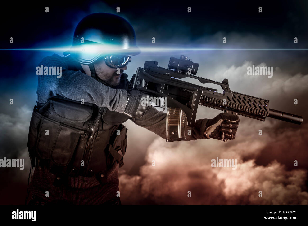 Soldier in uniform with rifle, assault sniper on apocalyptic clo Stock ...