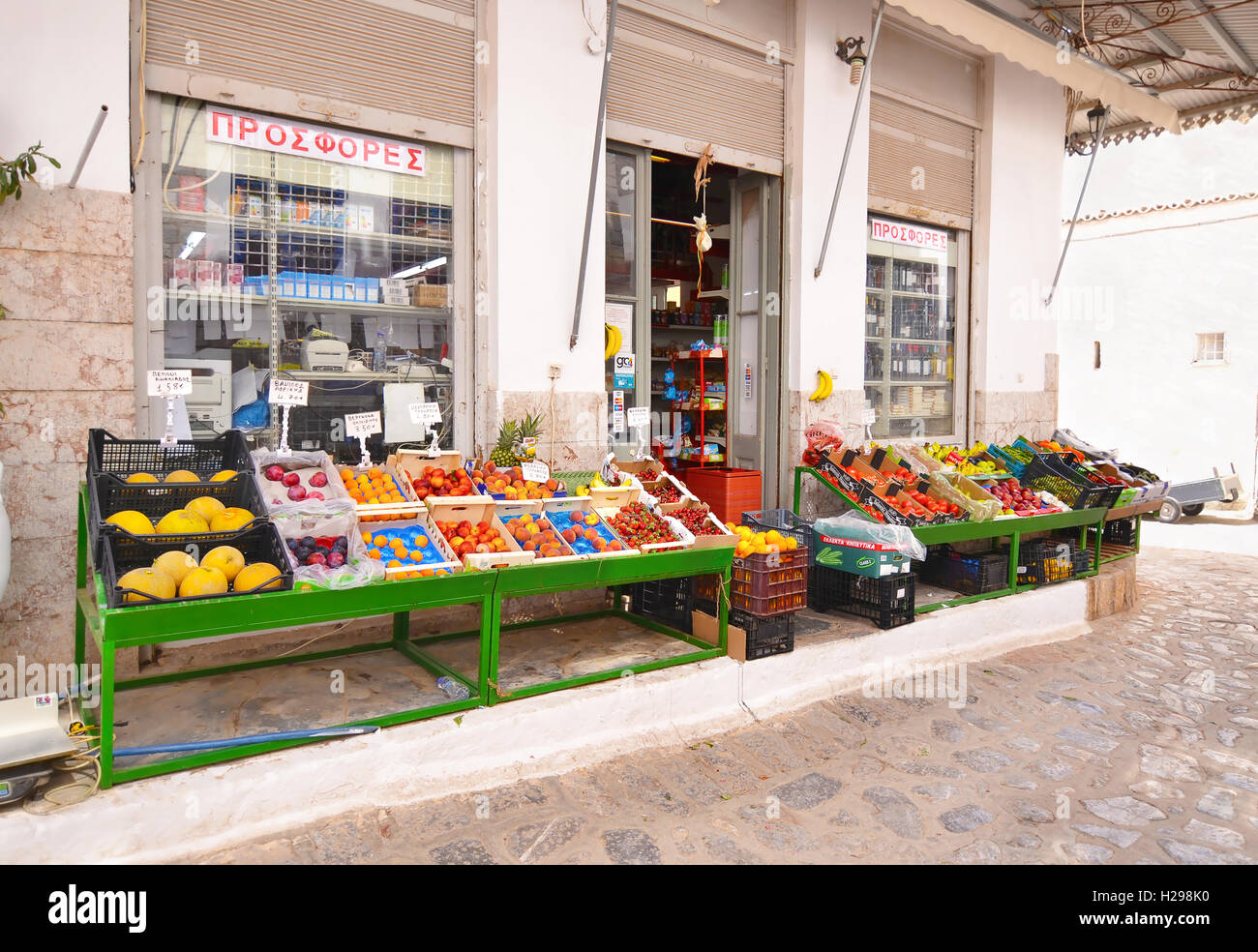traditional green grocery shop at Hydra island Greece Stock Photo Alamy