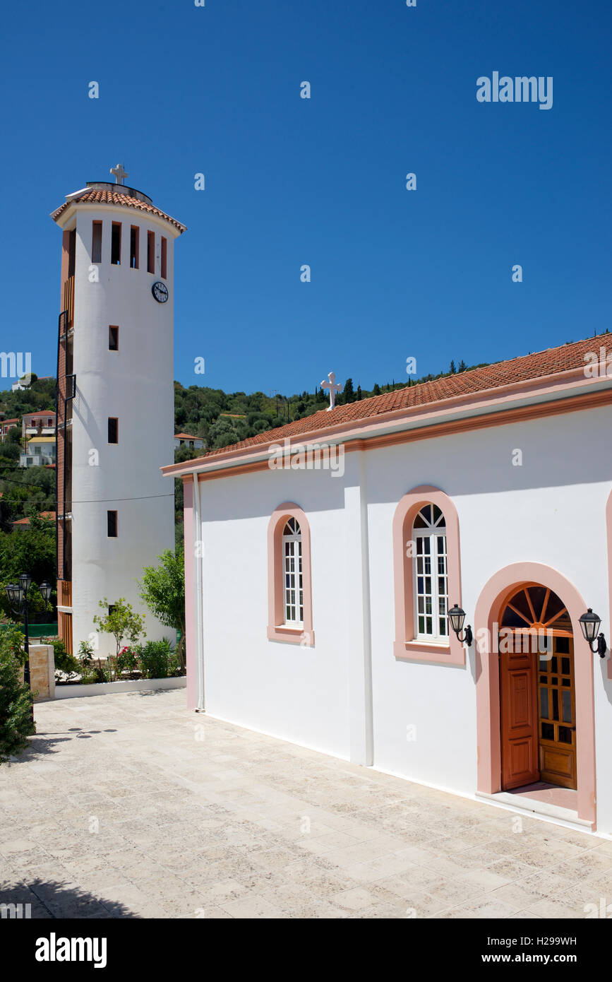 St Johns church and clock tower Kioni Ithaka Island Ionian Islands Greece Stock Photo