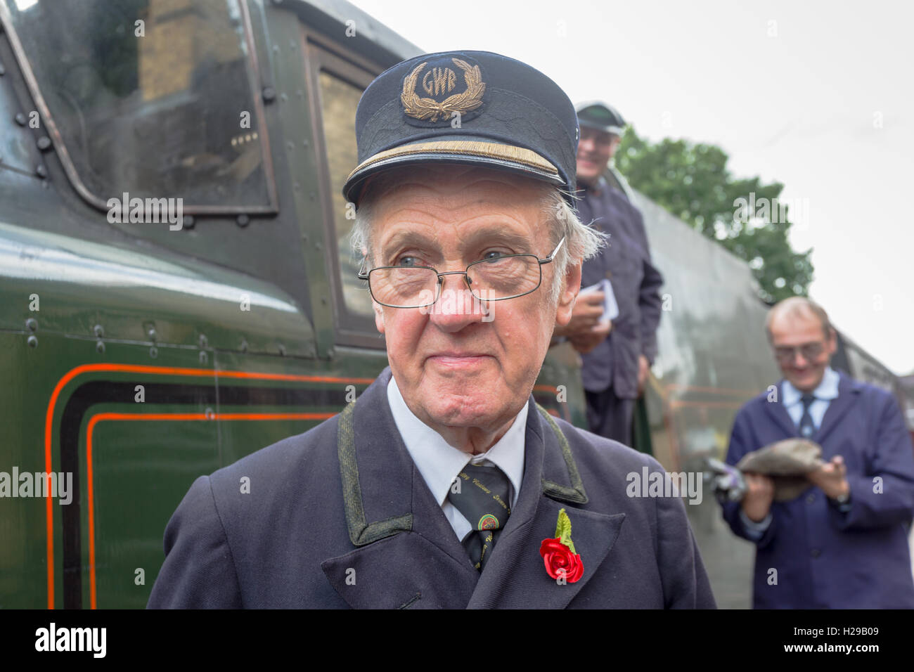 Staion guard pictured at Bridgnorth Station, Severn Valley railway, Shropshire UK Stock Photo