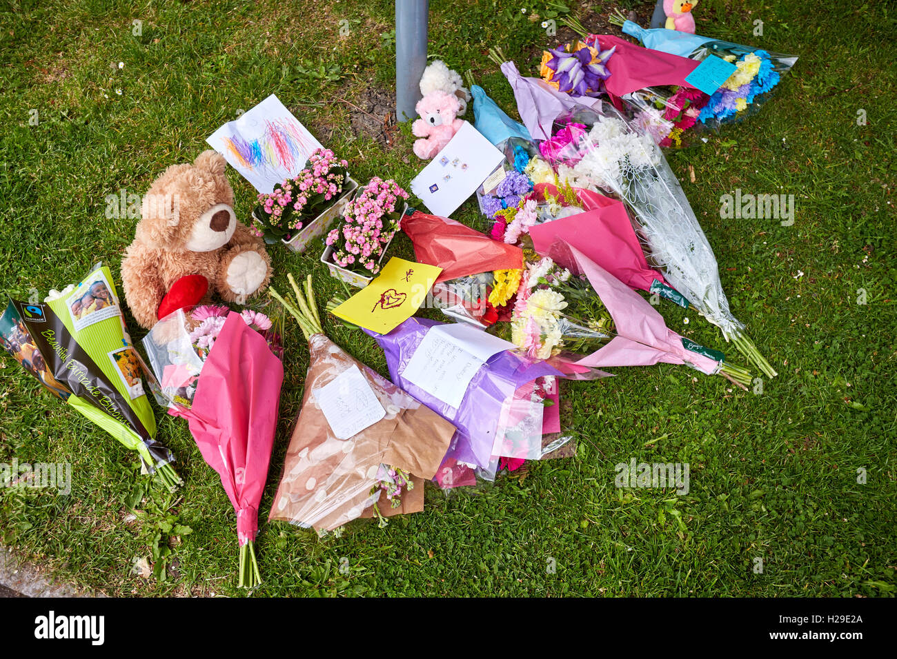 Flowers and Tributes outside Derrin Jordon's school the day after her body was found. Stock Photo