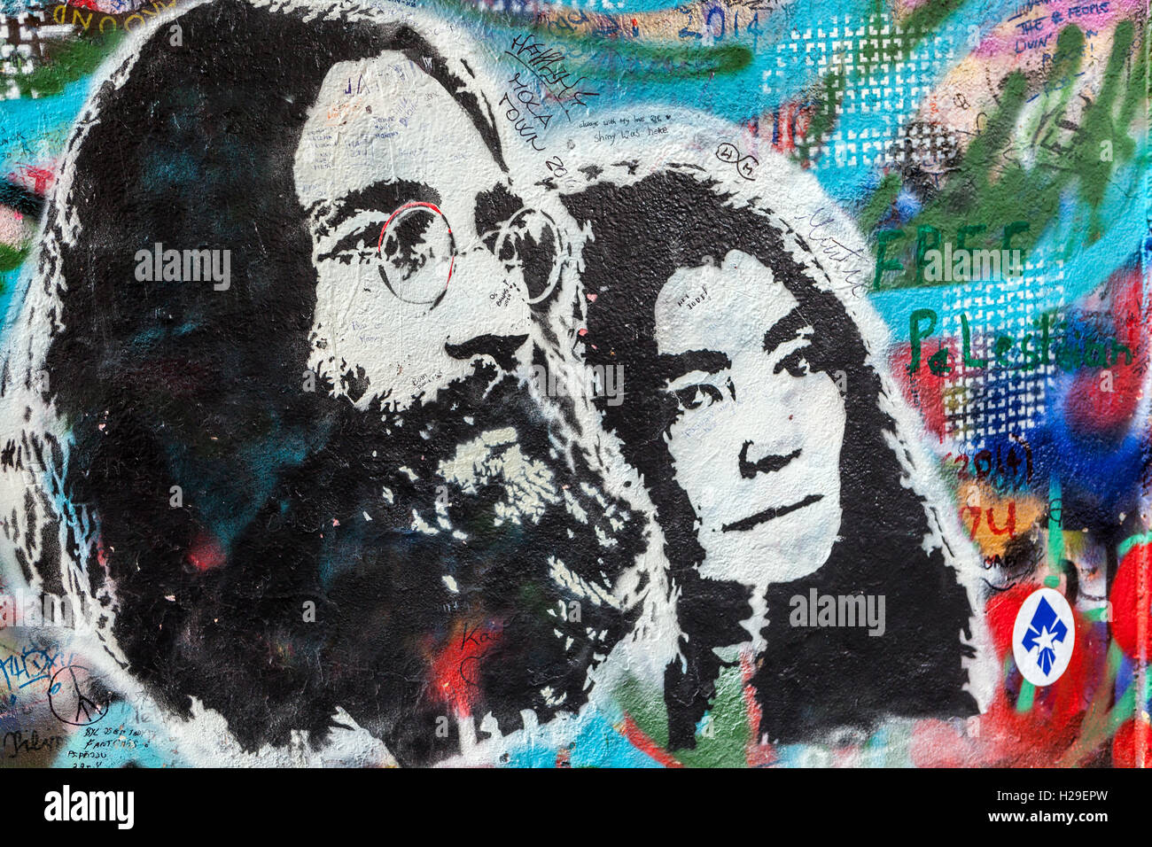 Prague John Lennon Wall Prague Street Art Graffiti, portrait John and Yoko Ono, Prague Kampa Stock Photo