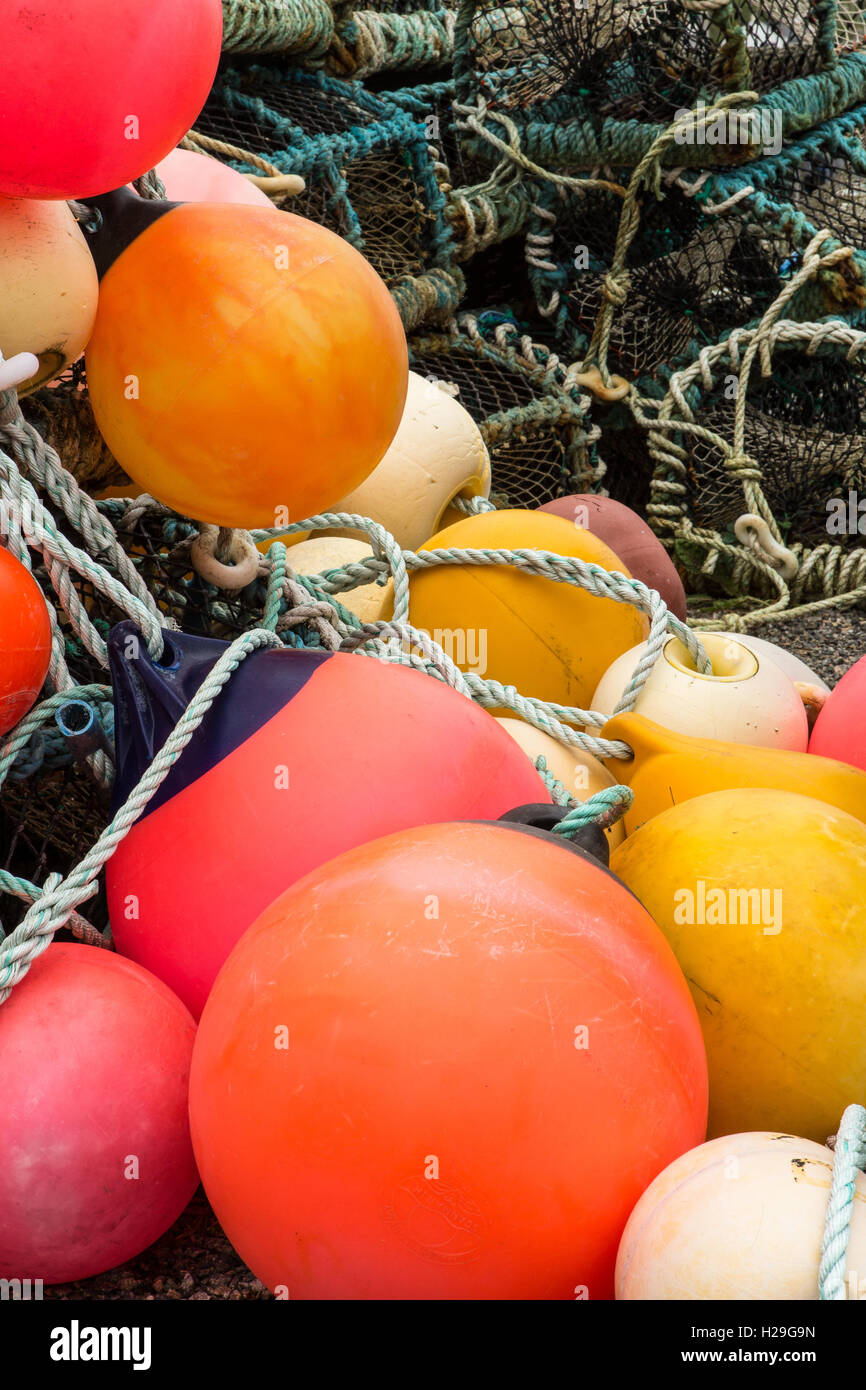 Fishing creels and floats at Leverburgh, Isle of Harris, Outer Hebrides, Scotland Stock Photo