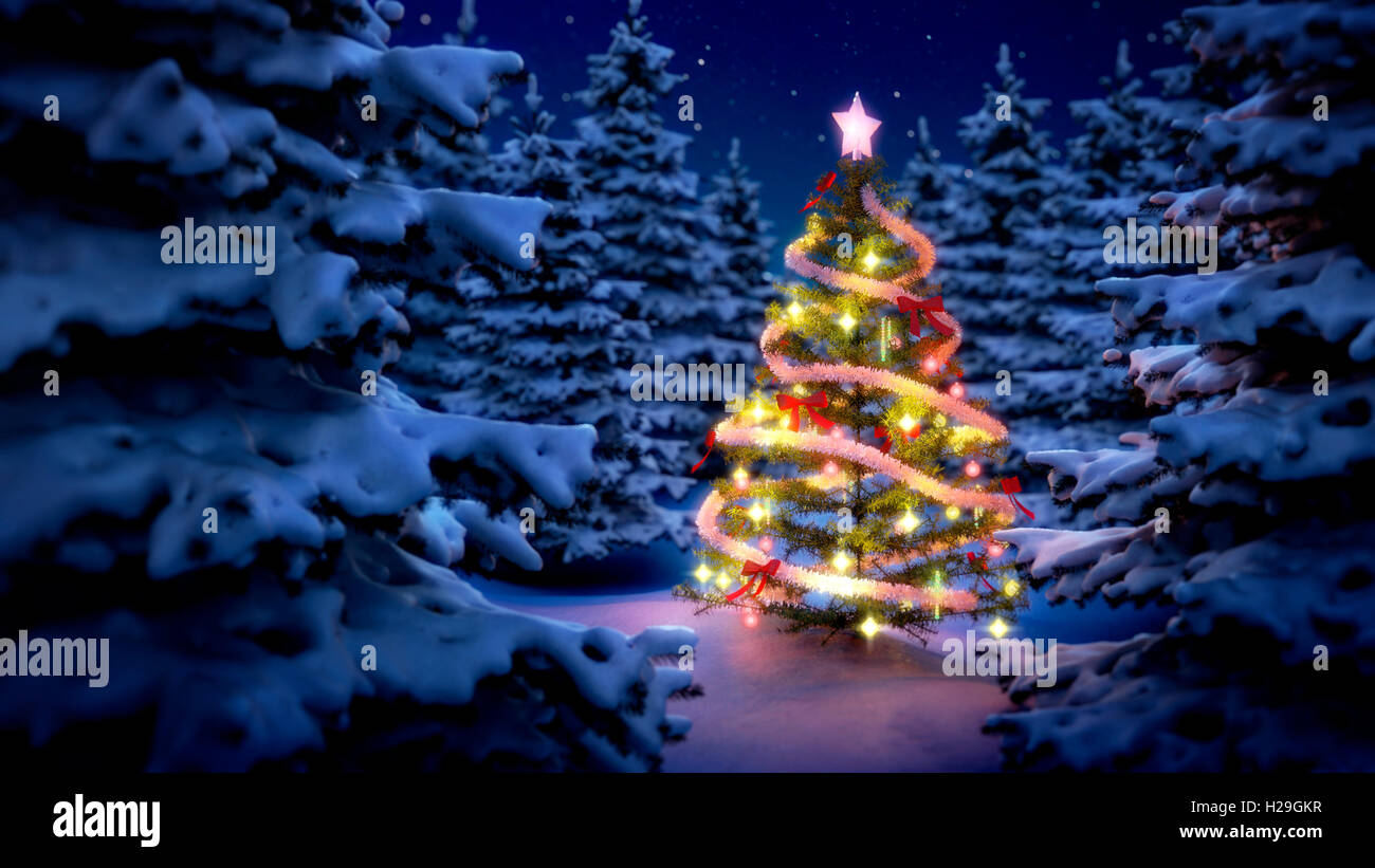 lightened christmas tree surrounded by snow-covered pine trees at night ...