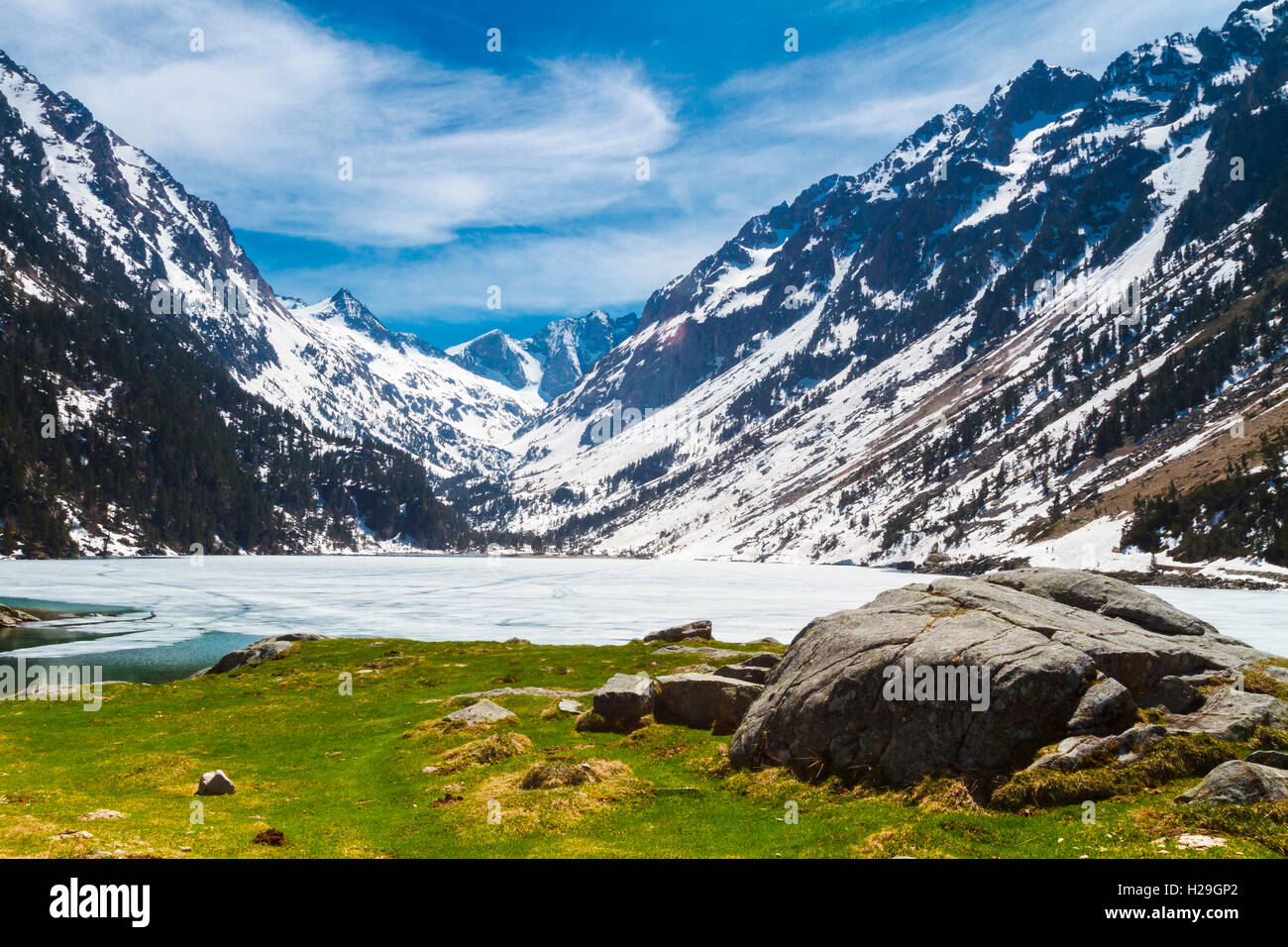 Mountain lake and snow-covered mountains. Stock Photo