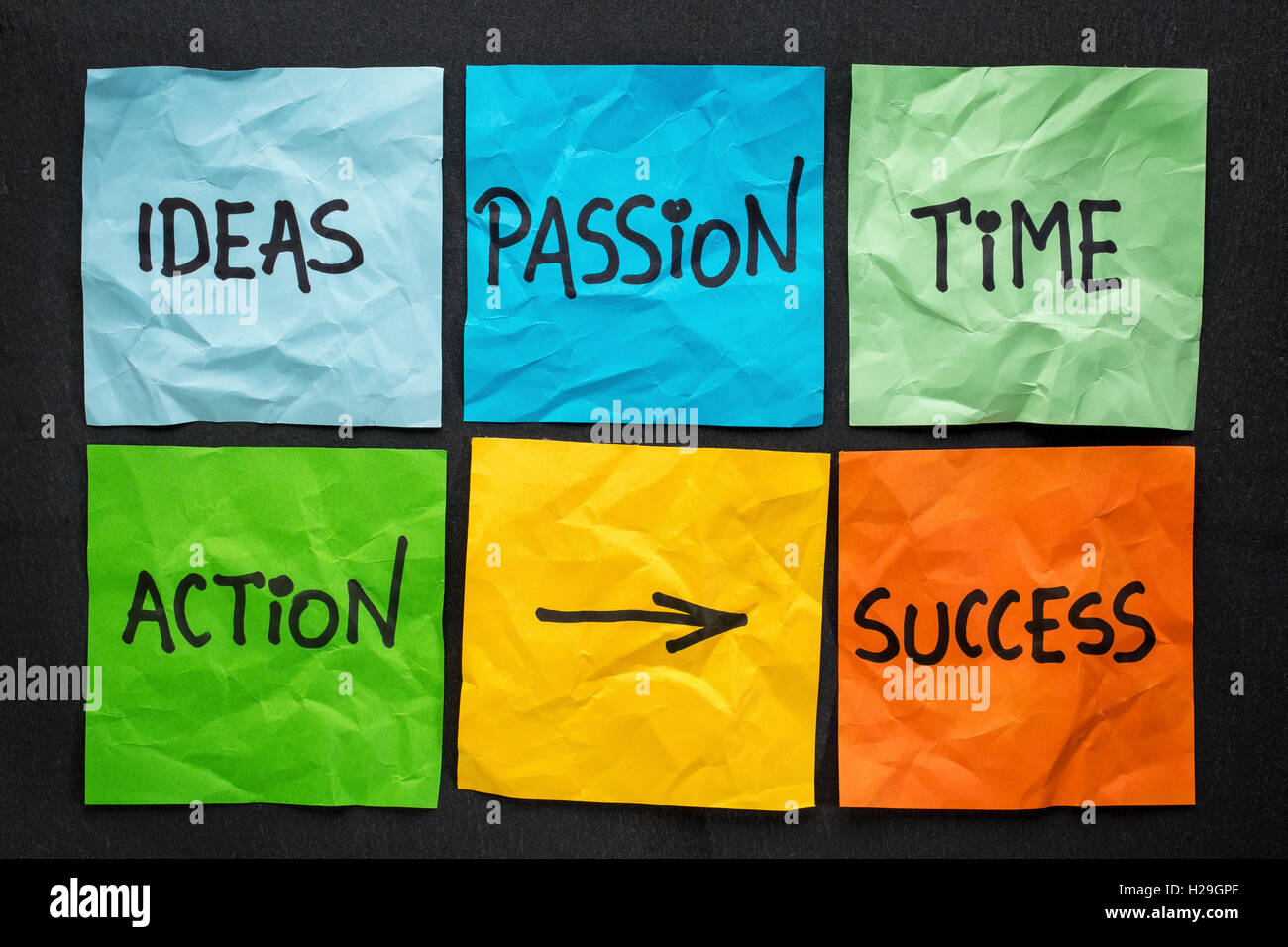 time, ideas, action, passion - success ingredients concept presented with colorful notes against black paper Stock Photo