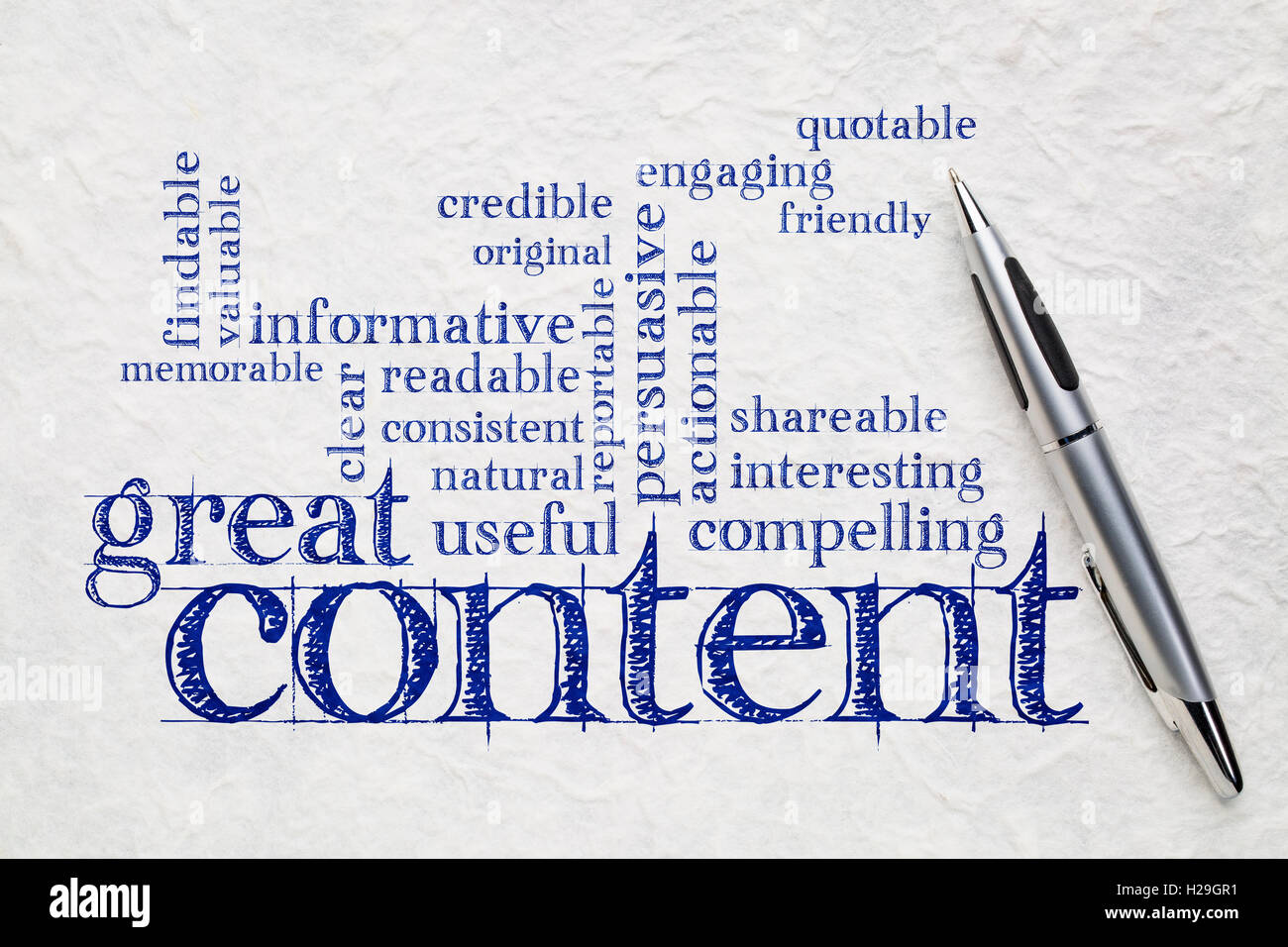 great content writing word cloud on a white lokta paper -  business writing and content marketing concept Stock Photo