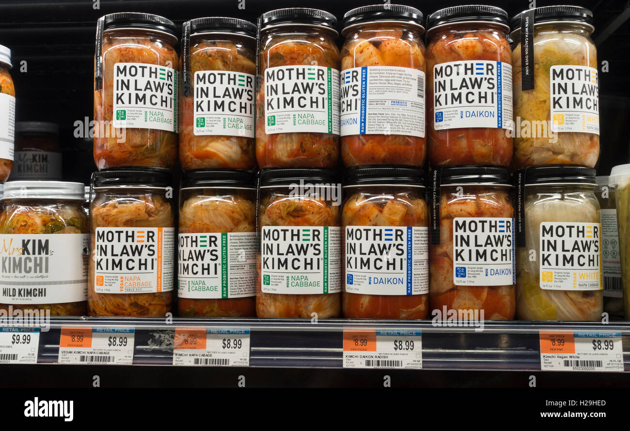 Jar's of Mother in Laws Kimchi in a supermarket in New York City Stock
