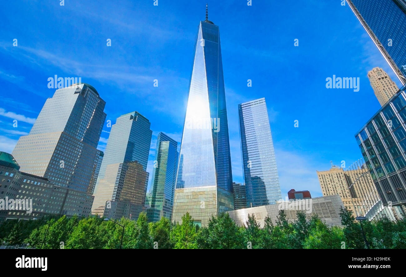 Wide view of the World Trade Center and the Freedom Tower in Lower Manhattan in New York City Stock Photo