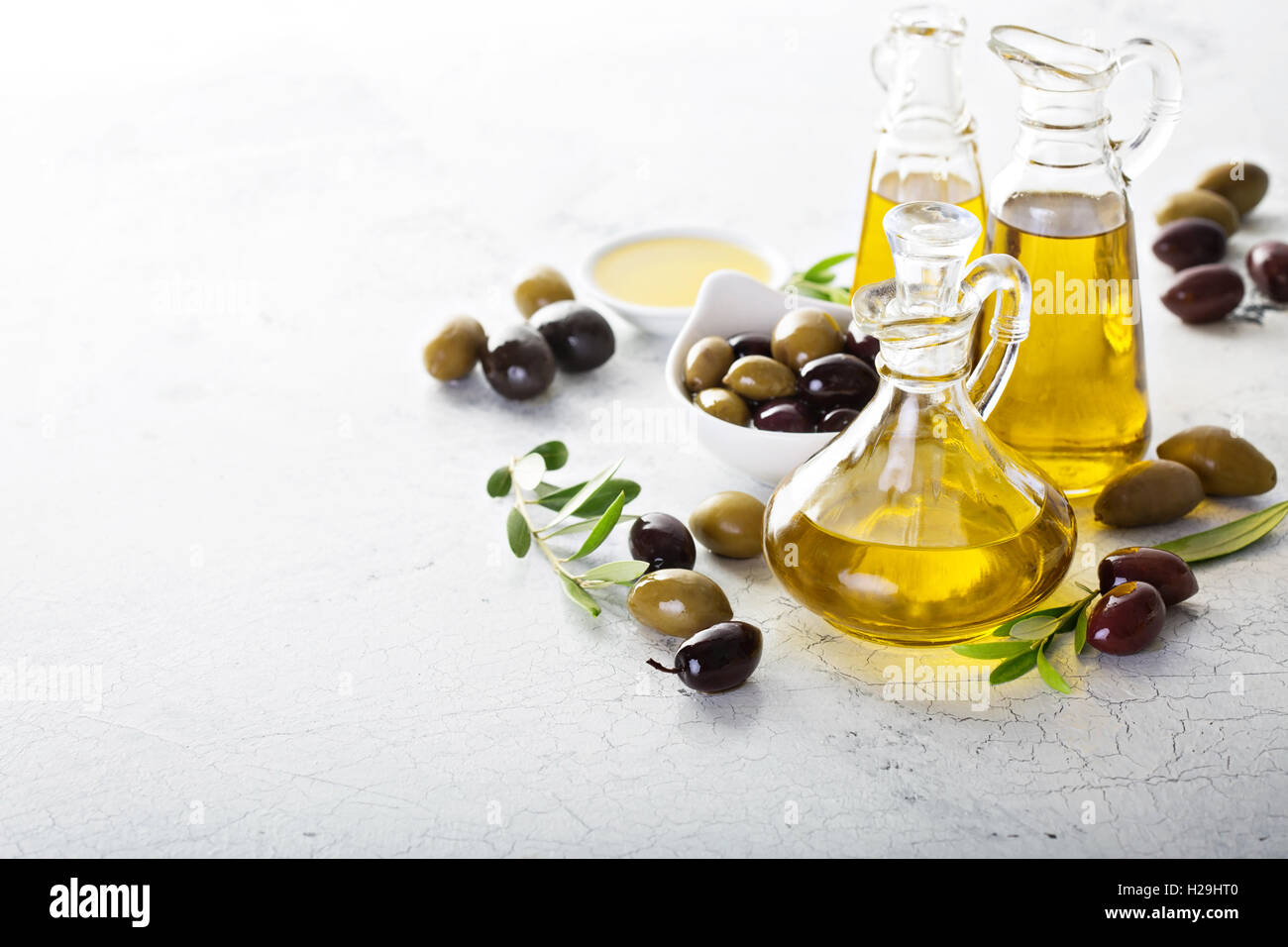 Olive oil in vintage bottles Stock Photo