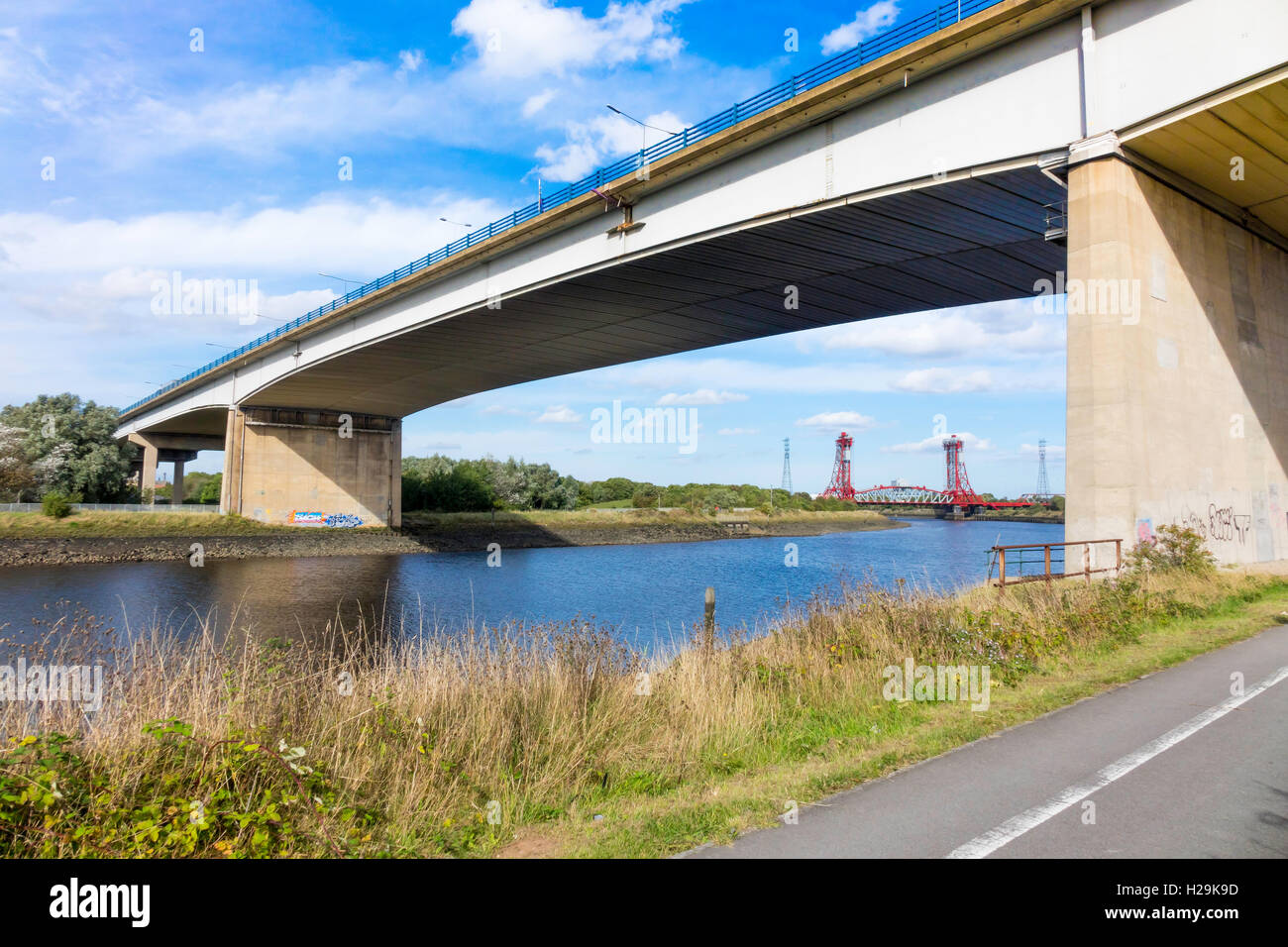 The Tees Viaduct or Flyover a plate girder bridge on concrete piers carrying the 6-lane A19 Trunk Road over the river Tees Stock Photo