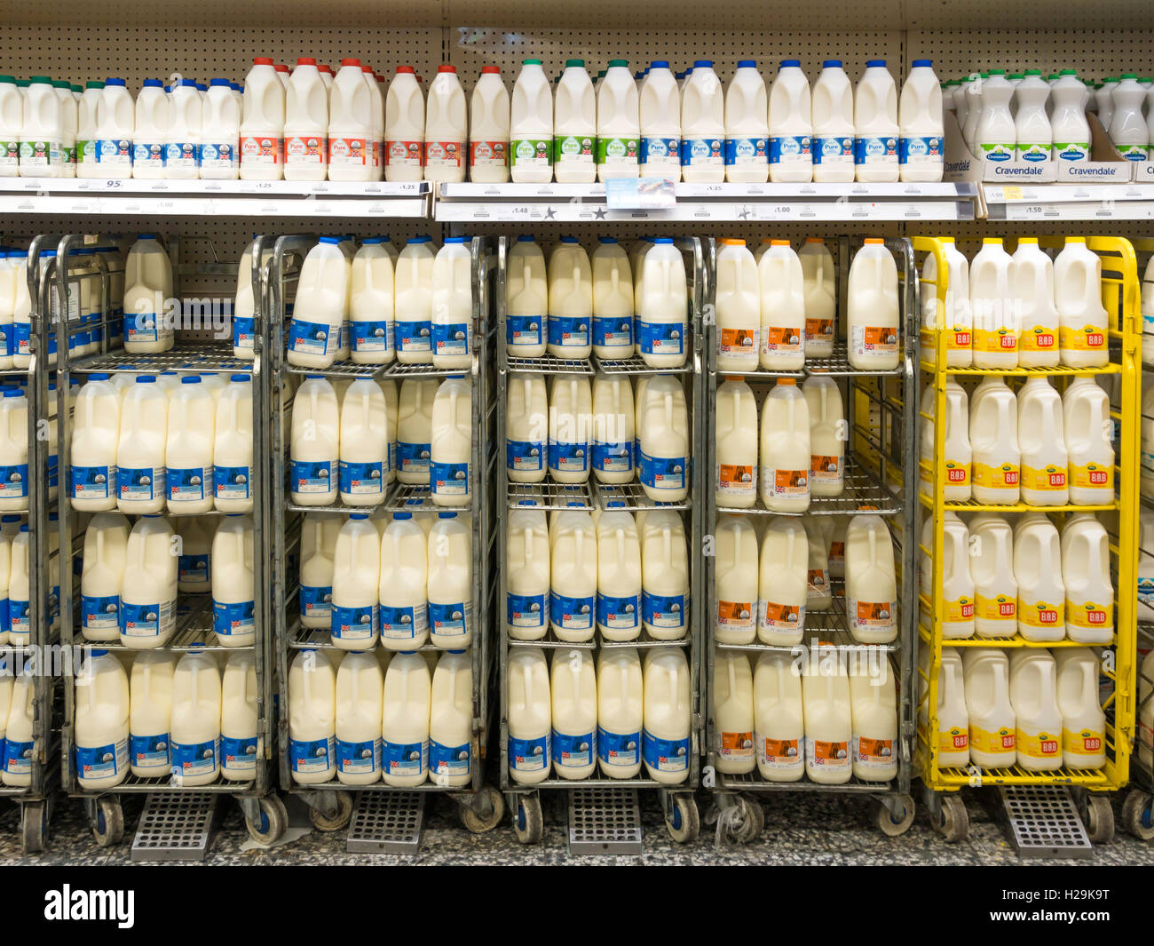 Supermarket display of various types of milk Stock Photo