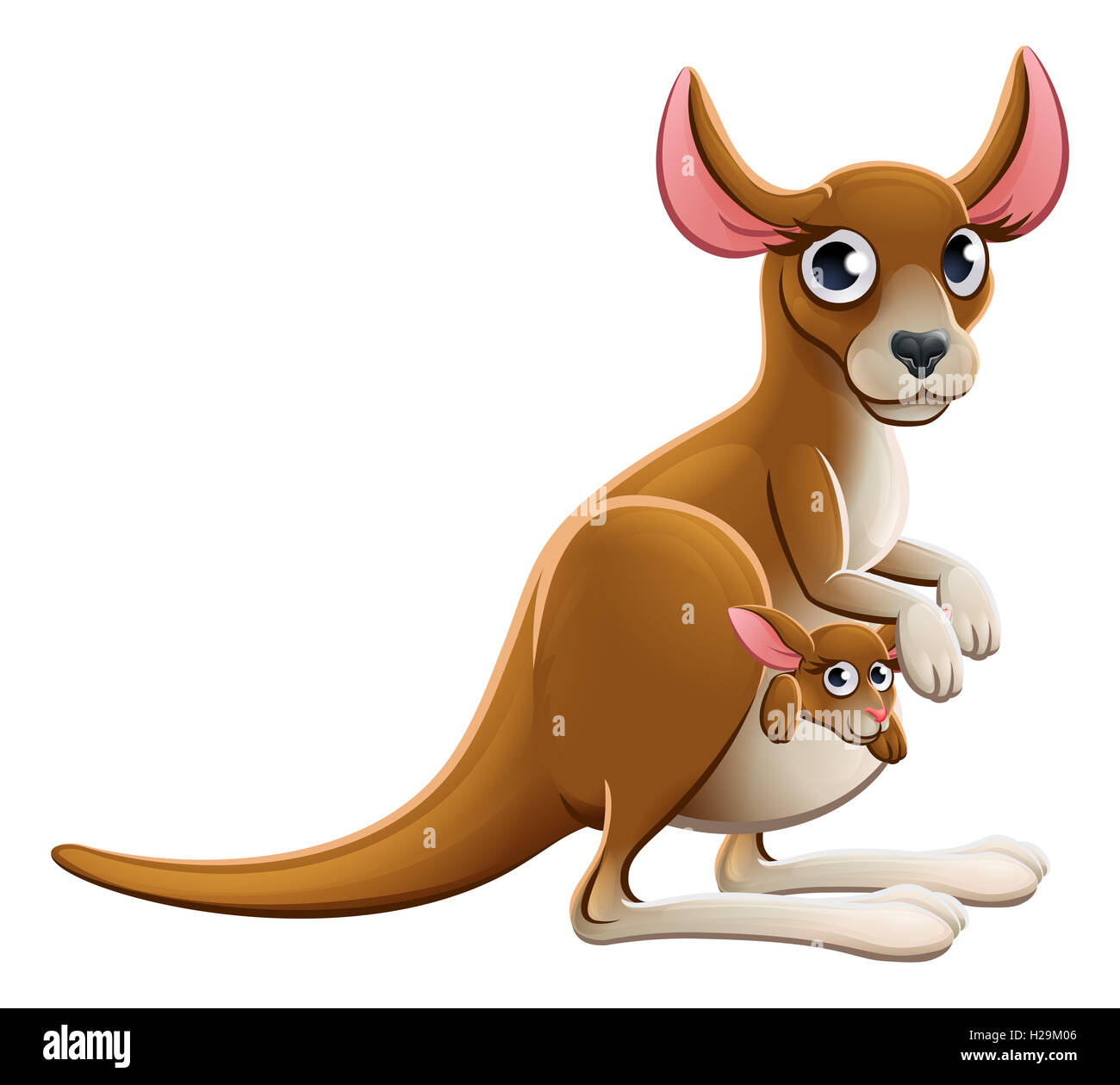 Cute cartoon mother and baby kangaroo animal characters with baby joey in the pouch Stock Photo