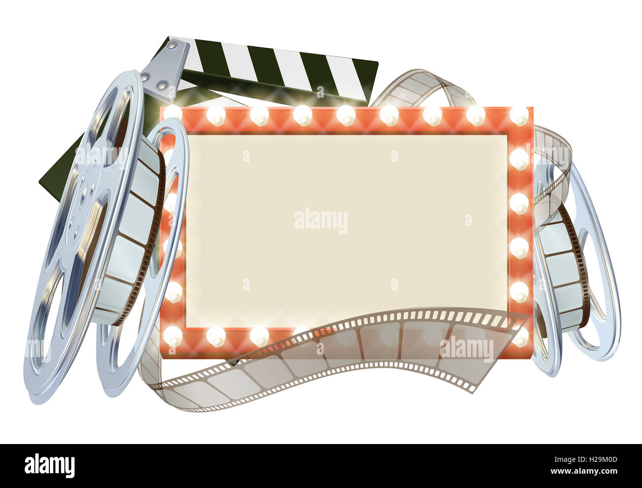 Movie cinema film sign with light bulbs sign clapperboard and film reel Stock Photo