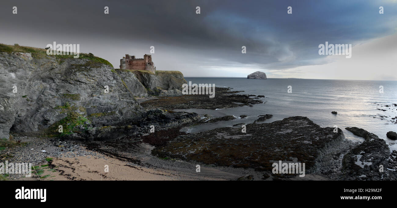 Tantallon Castle and the Bass Rock with a storm front passing out to sea, Stock Photo